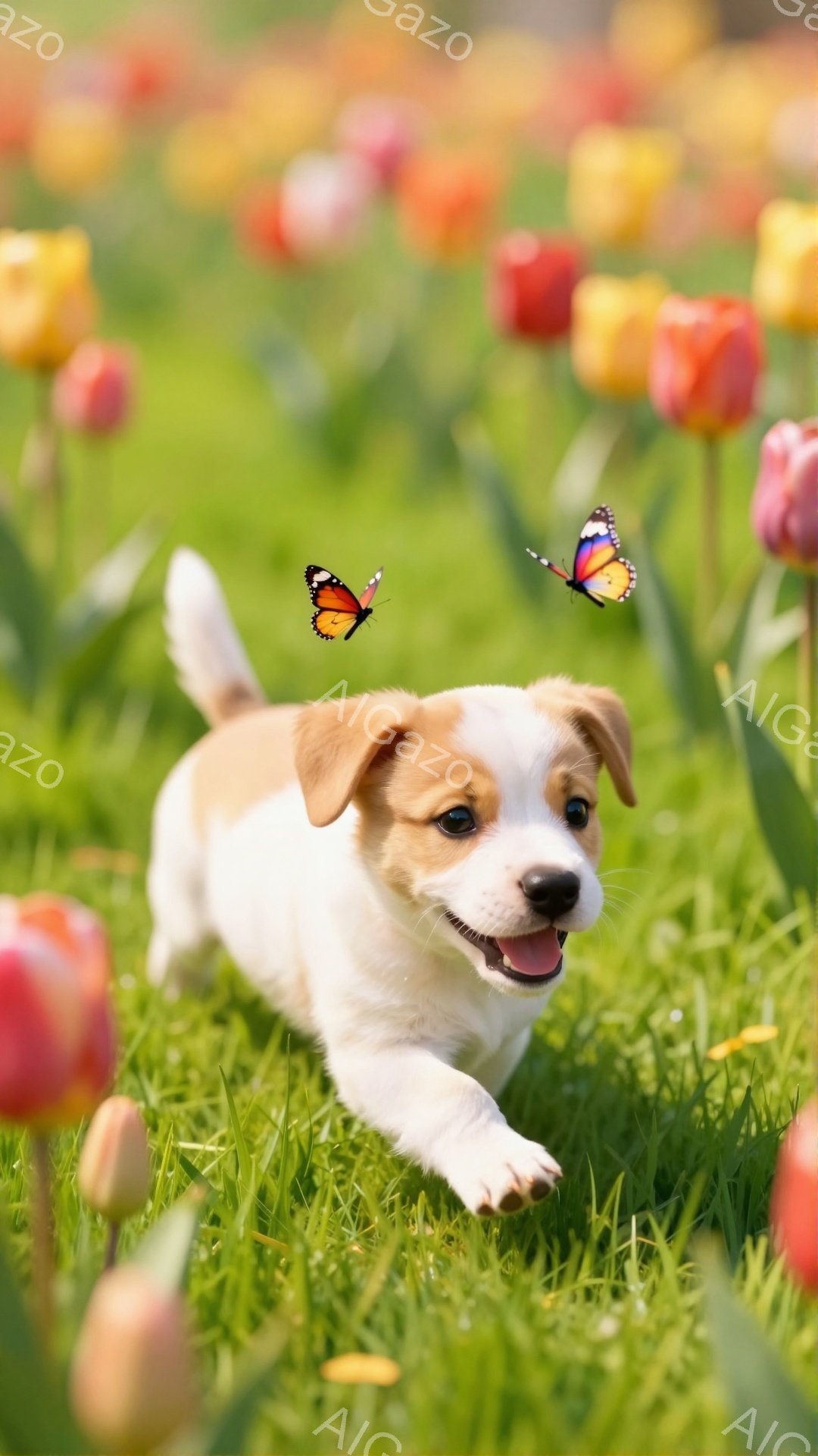 白い毛並みの子犬が、緑の草むらの中を駆け回っています。鮮やかなチューリップの花畑を背景に、蝶が2匹、子犬の周りを舞っており、楽しげな雰囲気を演出しています。子犬は口を開けて笑顔で、とても幸せそうです。