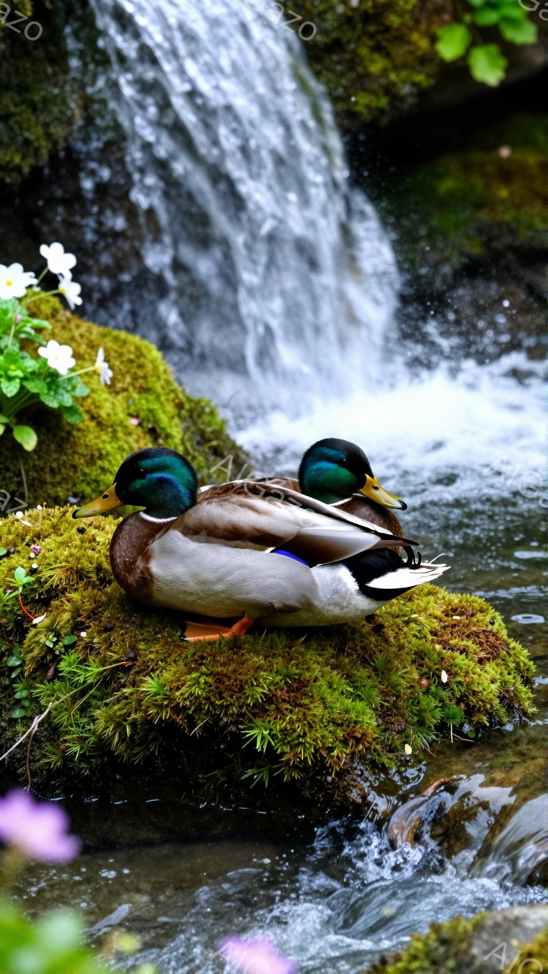 緑の苔の上に二羽のアヒルが寄り添って休んでいる。背景には水の流れがあり、自然豊かな風景が広がっている。穏やかな光の中で、アヒルたちは静かにリラックスしている様子がうかがえる。 - AI生成フリー素材