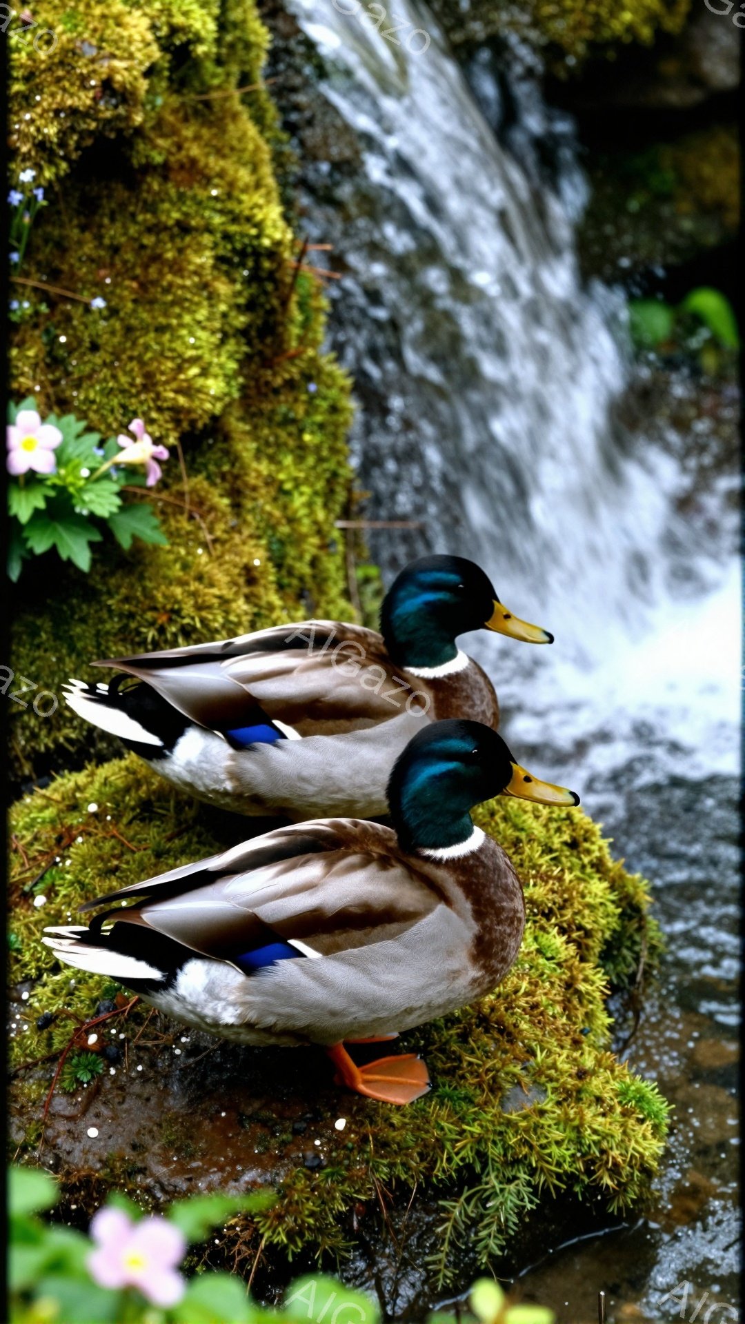 アヒル2羽が緑色の苔の上に寄り添って座っている。背景には水が流れる滝が見え、自然豊かな雰囲気を醸し出している。鮮やかな青い羽根とオレンジ色のくちばしが印象的である。 - AI生成フリー素材
