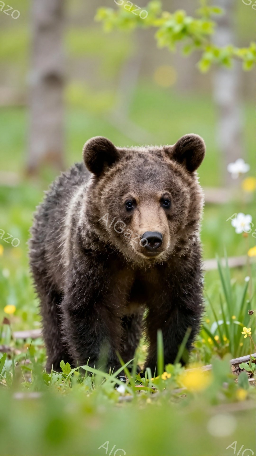茶色のクマが緑豊かな草地の真ん中に立っている。その表情は少し警戒しているようで、正面をまっすぐ見つめている。背景には木々が見え、春らしい柔らかな光が差し込んでいる。 - AI生成フリー素材