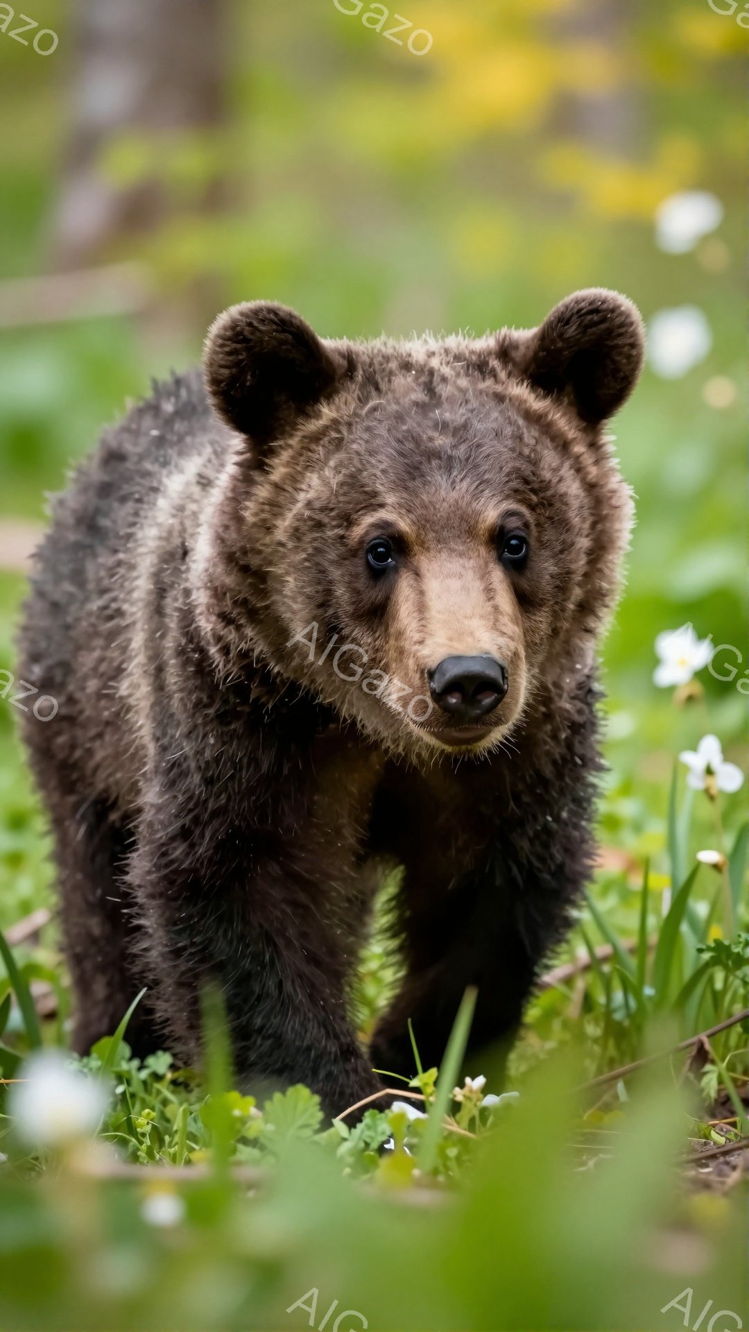鮮やかな緑の草原を、茶色のクマがこちらに向かって歩いてくる姿が捉えられています。草花の間を歩むその姿は、力強く、しかしどこか愛らしい印象を与えます。背景はぼやけており、クマに焦点が当てられています。