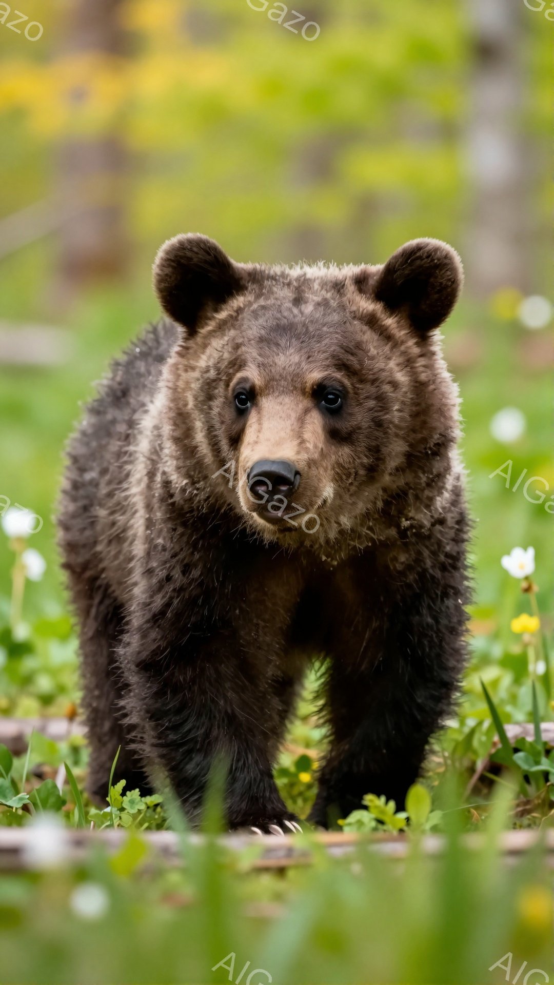 緑の草むらの中を歩く、大きな茶色のクマが写っています。クマはカメラに向かってまっすぐ見つめており、少し警戒しているような表情をしています。背景にはぼやけた野の花が見え、自然な雰囲気を感じさせます。