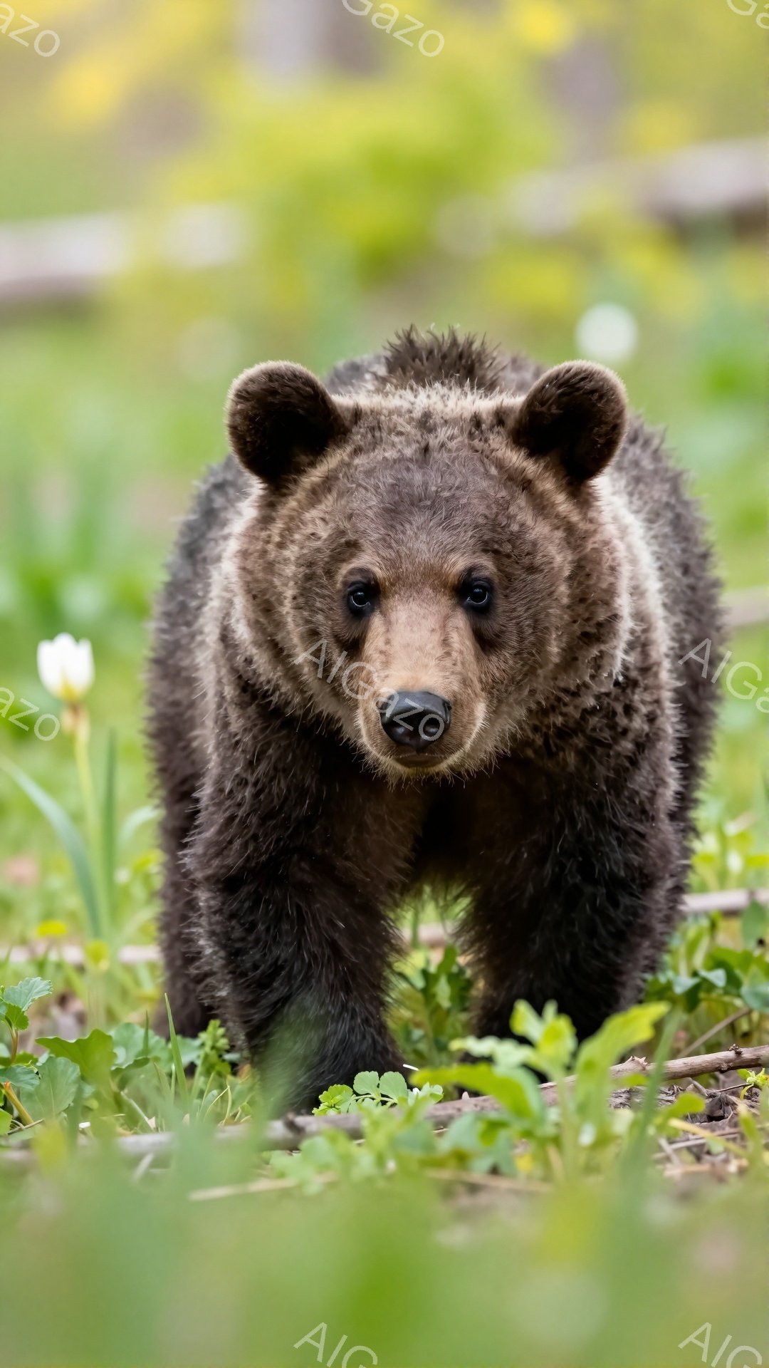緑豊かな草原の中に、茶色のクマが正面を向いて立っている。その表情は少し警戒しているようであり、力強い眼差しが印象的だ。背景は緑の草と白く小さな花で彩られ、自然の息吹を感じさせる。