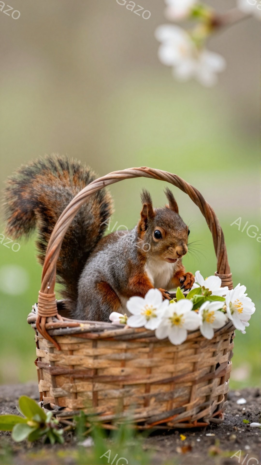 小さなリスが編み込みの籠の中に座り、白い花を手に持っています。背景は緑の草とぼやけた木々で、春の穏やかな雰囲気が漂っています。リスは好奇心と喜びにあふれた表情で、花を見つめています。 - AI生成フリー素材