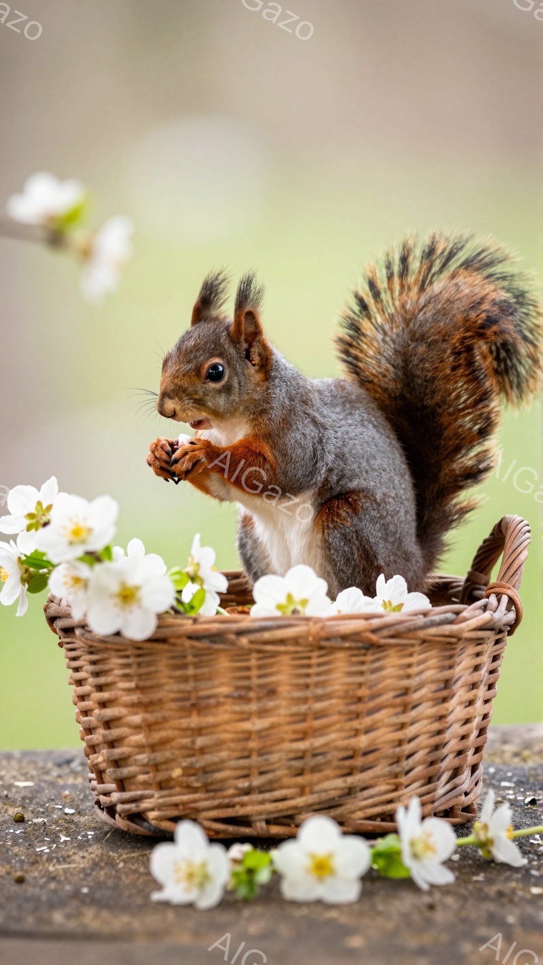 リスがバスケットの中に座り、何かを食べている。周りには白い花びらが舞い散っていて、春らしい暖かく優しい雰囲気が漂っている。バスケットとリスの毛並みの色合いが調和し、可愛らしい光景が目に飛び込んでくる。