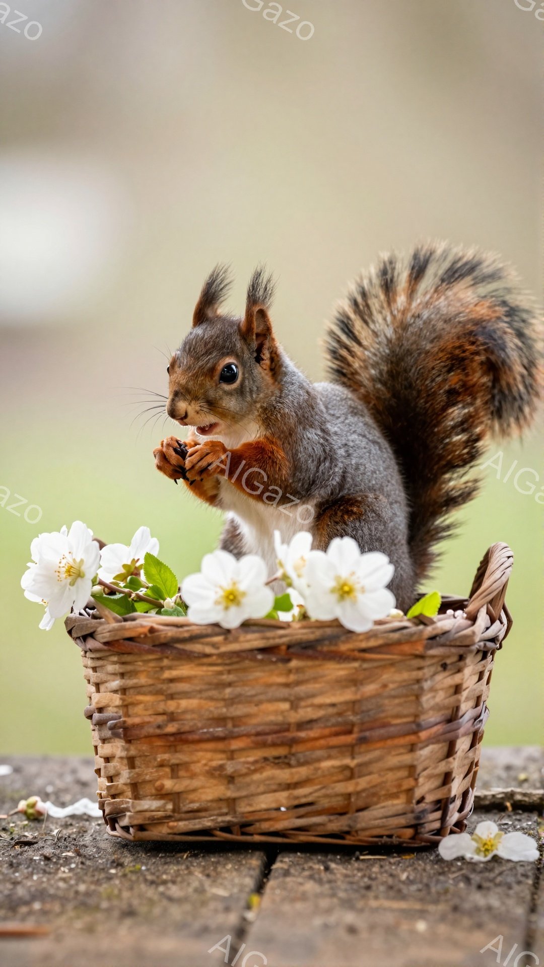 赤い毛並みのリスが、花で飾られた小さなバスケットの中に座っている。バスケットは石畳の上に置かれ、背景には緑がぼやけて見え、春らしい穏やかな雰囲気を醸し出している。リスは何かをかじっているようで、愛らしい表情を見せている。