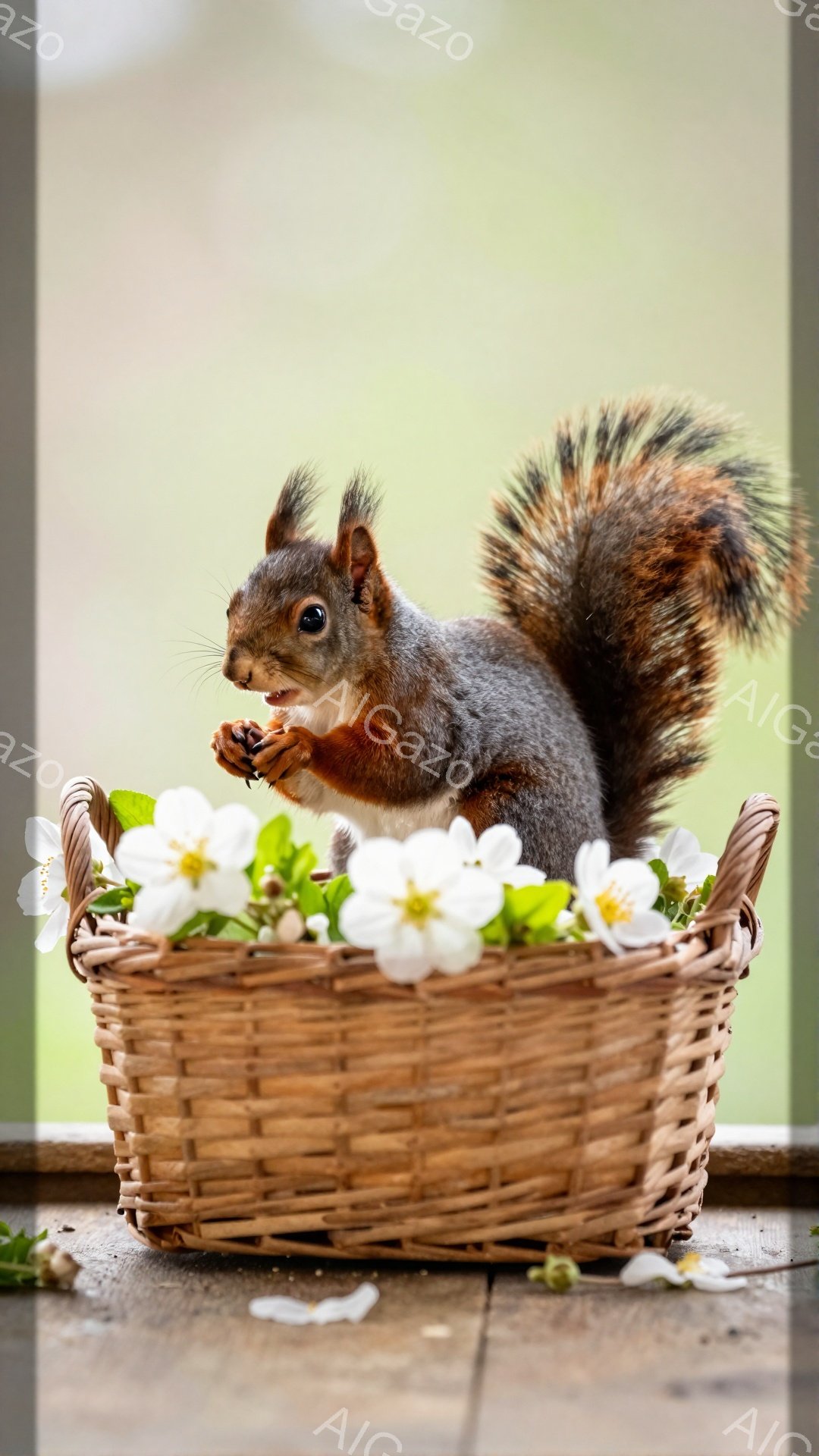 籠の中にリスがいます。白い花と緑の葉に囲まれており、何かを食べているようです。背景はぼやけており、春の穏やかな日差しが感じられます。
