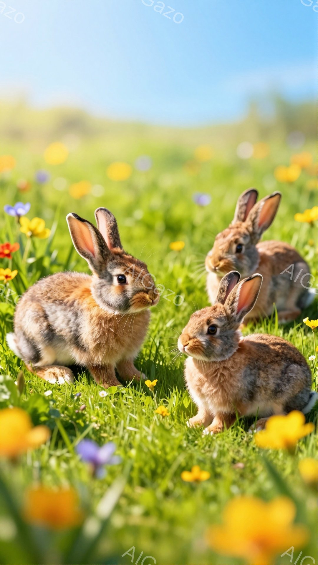 鮮やかな緑の草と黄色い花々が咲き乱れる野原に、三匹の可愛らしいウサギが座っています。ウサギたちは毛並みが美しく、好奇心旺盛な表情でこちらを見ています。平和で穏やかな春の日の雰囲気が伝わってきます。