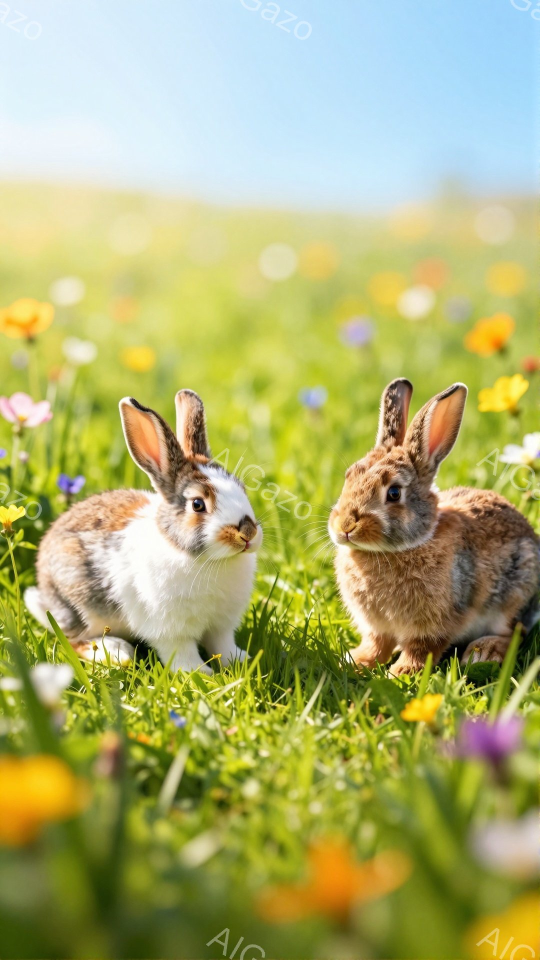 緑豊かな草原の中で、2匹のウサギが寄り添って座っています。 一匹は白と茶色のまだら模様、もう一匹は茶色の毛並みで、どちらも前方をまっすぐ見つめています。背景には色とりどりの野花が咲き乱れ、春の穏やかな雰囲気を醸し出しています。