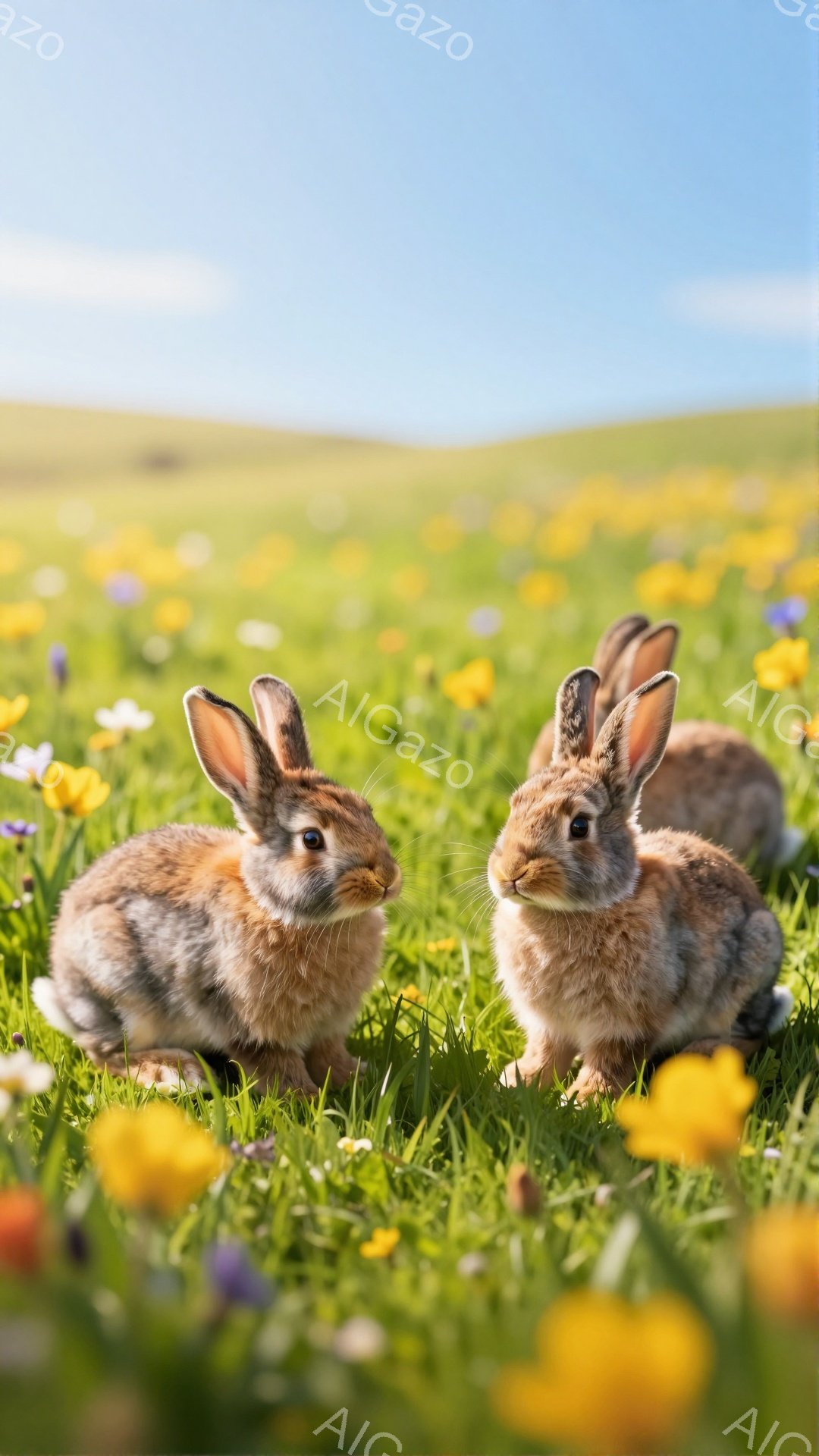 緑豊かな草原で2匹のウサギが寄り添って座っています。黄色い花々が咲き乱れる中、ウサギたちはリラックスした様子で、穏やかな春の日の雰囲気を楽しんでいます。背景には緑の丘が広がり、爽やかな空が広がっていま - AI生成フリー素材