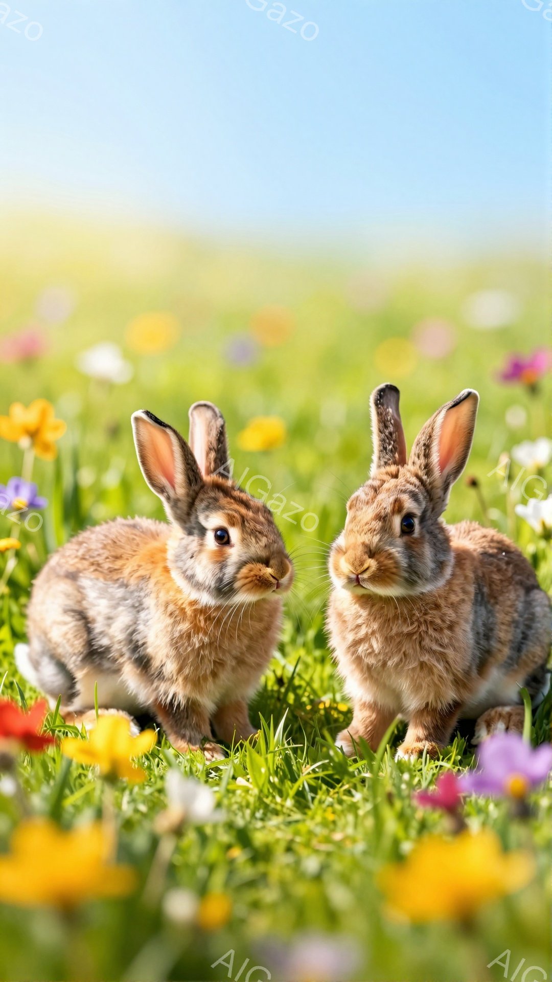 明るい日差しの中で、二匹のうさぎが花畑で向かい合っています。うさぎたちは茶色い毛並みで、それぞれ異なる方向を見ており、好奇心と警戒心がある表情をしています。背景には様々な色の花が咲き乱れ、春らしい穏やかな雰囲気が漂っています。