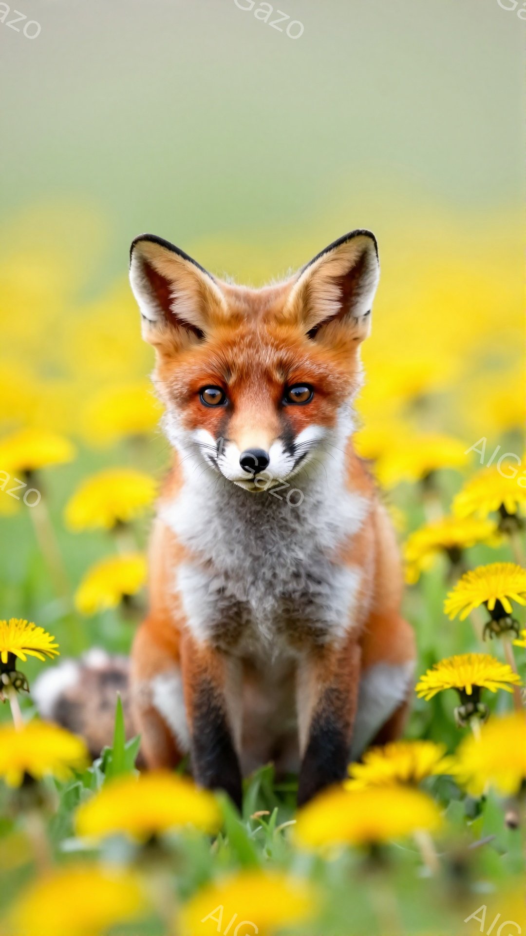 広々とした野原で、キツネがタンポポ畑の中で前を見据えています。鮮やかなオレンジ色の毛並みと、落ち着いた表情が印象的です。背景は緑豊かで、春の暖かさを感じさせる光景です。