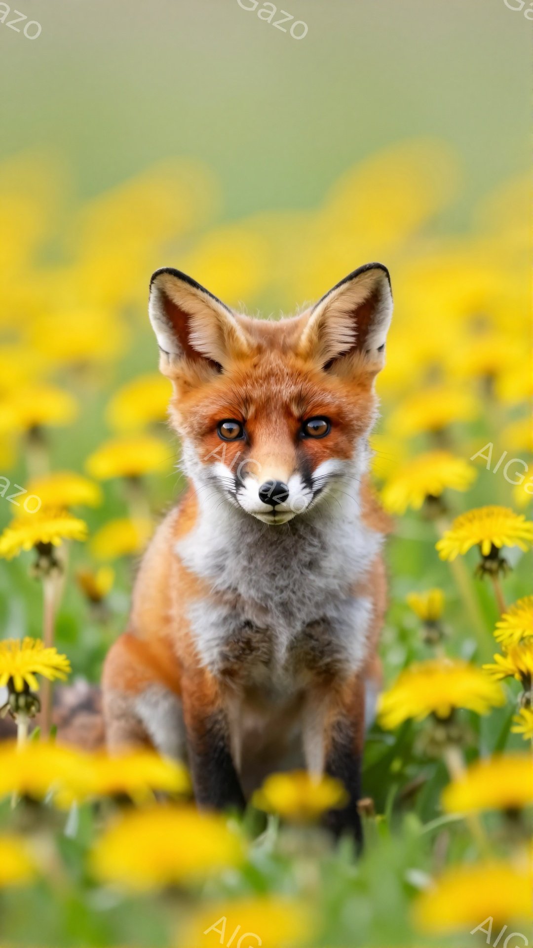 明るい緑の草地にタンポポが咲き乱れ、その中に赤褐色の毛並みのキツネが佇んでいる。 キツネは正面をじっと見つめ、鋭い眼光が印象的だ。 全体的に暖かく、穏やかな雰囲気が漂っている。