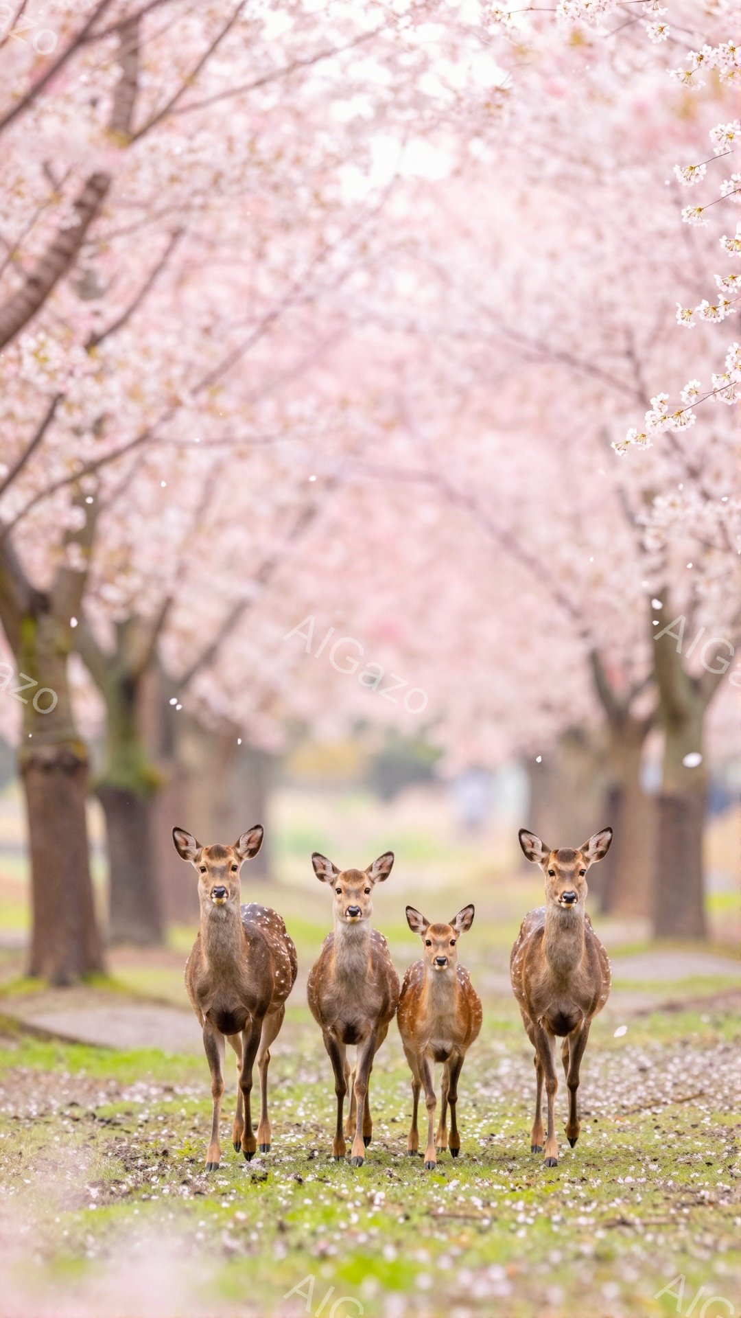 桜並木の中を、4頭の鹿が整列して立っている。ピンク色の花びらが舞い散り、春の訪れを感じさせる穏やかな光景だ。鹿たちはカメラ目線でこちらを見ている。