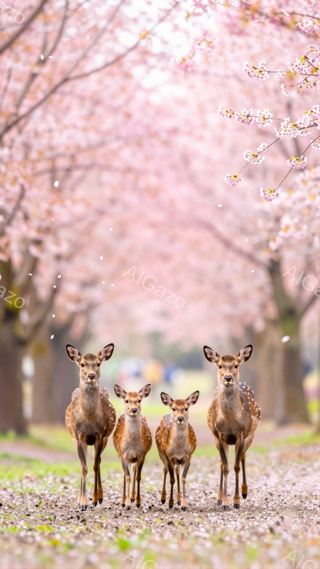 桜並木の中に、親子のように並んだ3頭の鹿が佇んでいます。ピンク色の花びらが舞い散る中、鹿たちは前方をまっすぐ見つめ、穏やかな春の雰囲気を醸し出しています。背景は桜のトンネルとなっており、幻想的な光景を作り出しています。