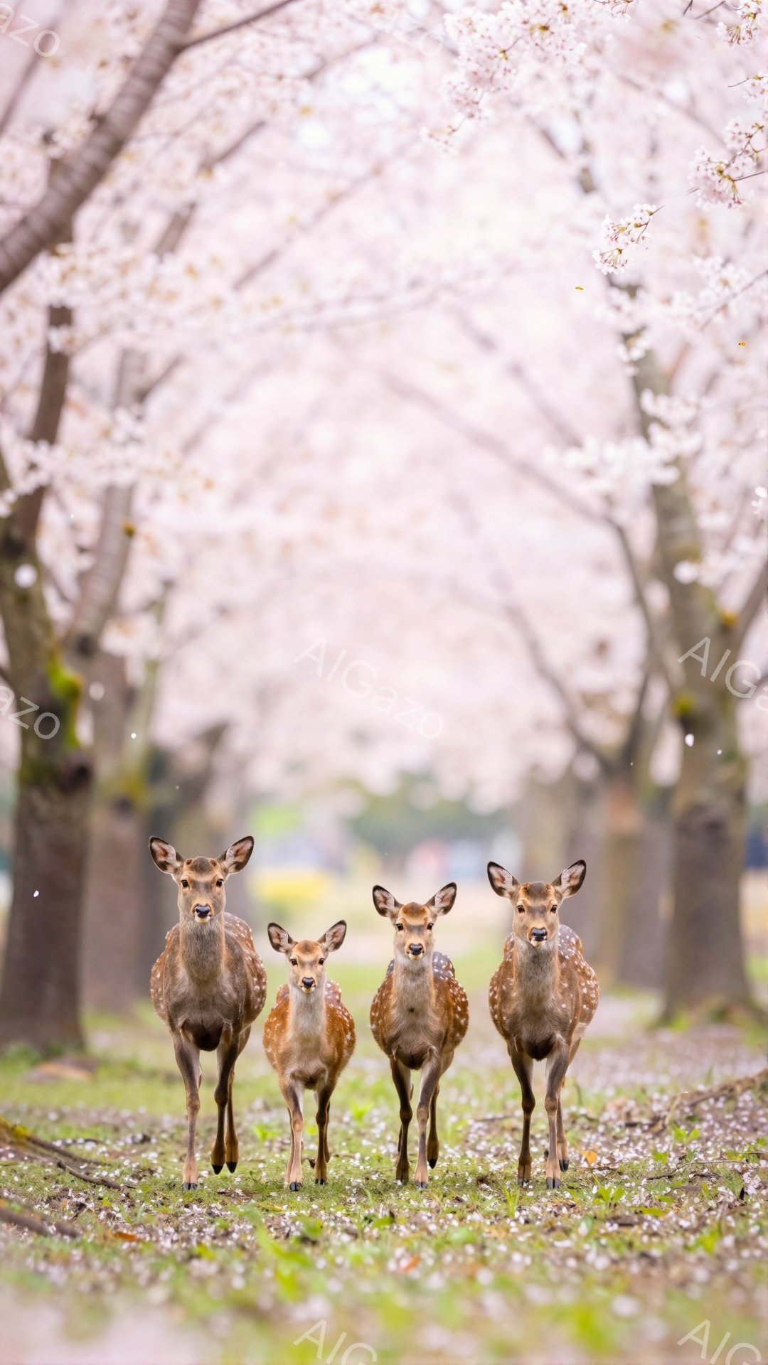 奈良公園と思われる場所で、三頭の子鹿が正面を向いて立っている。桜並木が背景に広がり、散りゆく桜の花びらが地面を覆っている。穏やかで幻想的な雰囲気が漂う。