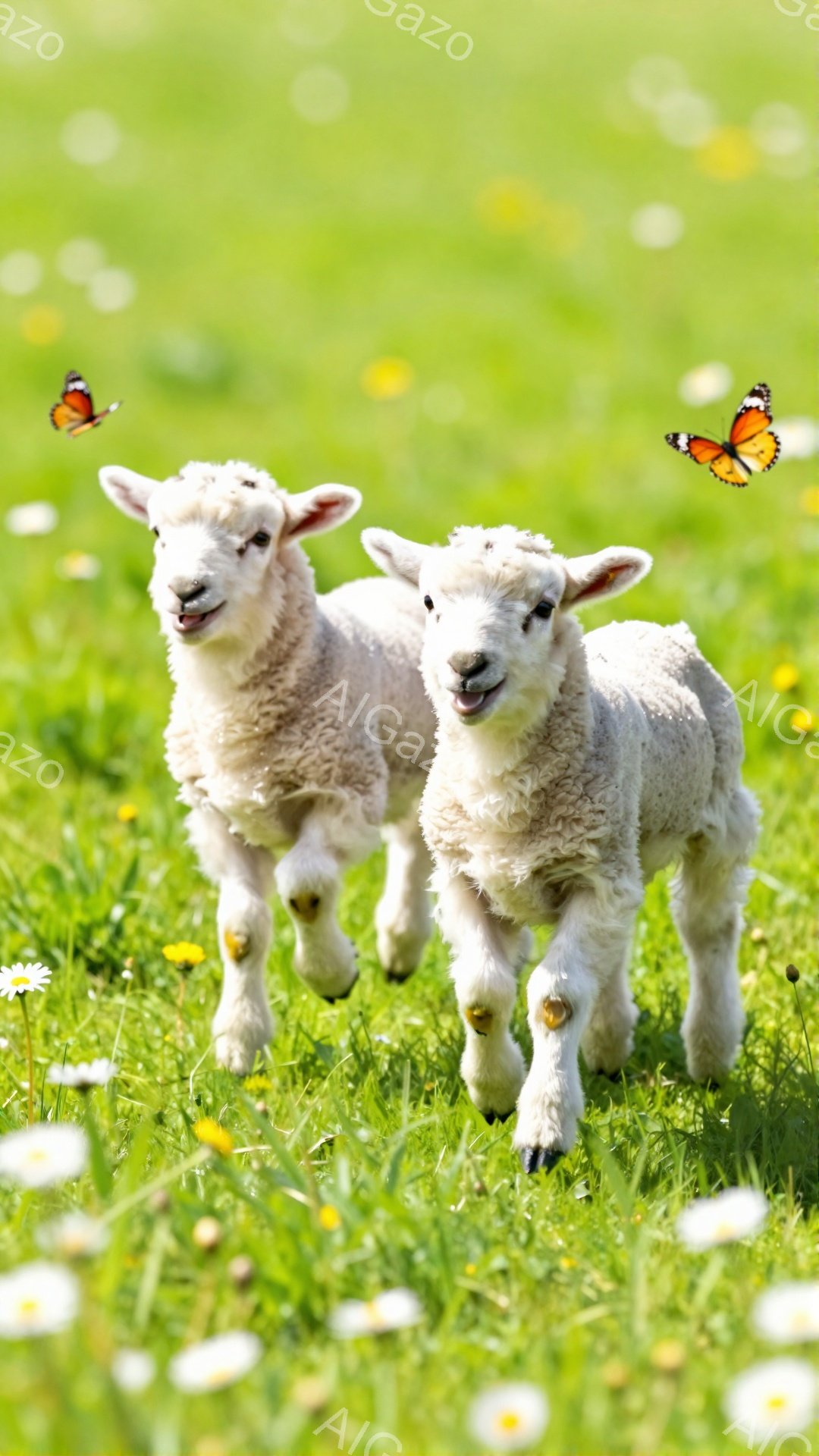 緑豊かな草原を、可愛らしい子羊たちが駆け抜けています。一匹は蝶を追いかけ、もう一匹は好奇心いっぱいの表情で前方を見つめています。周囲には白いデイジーや黄色い花が咲き乱れ、春の暖かな雰囲気を醸し出しています。
