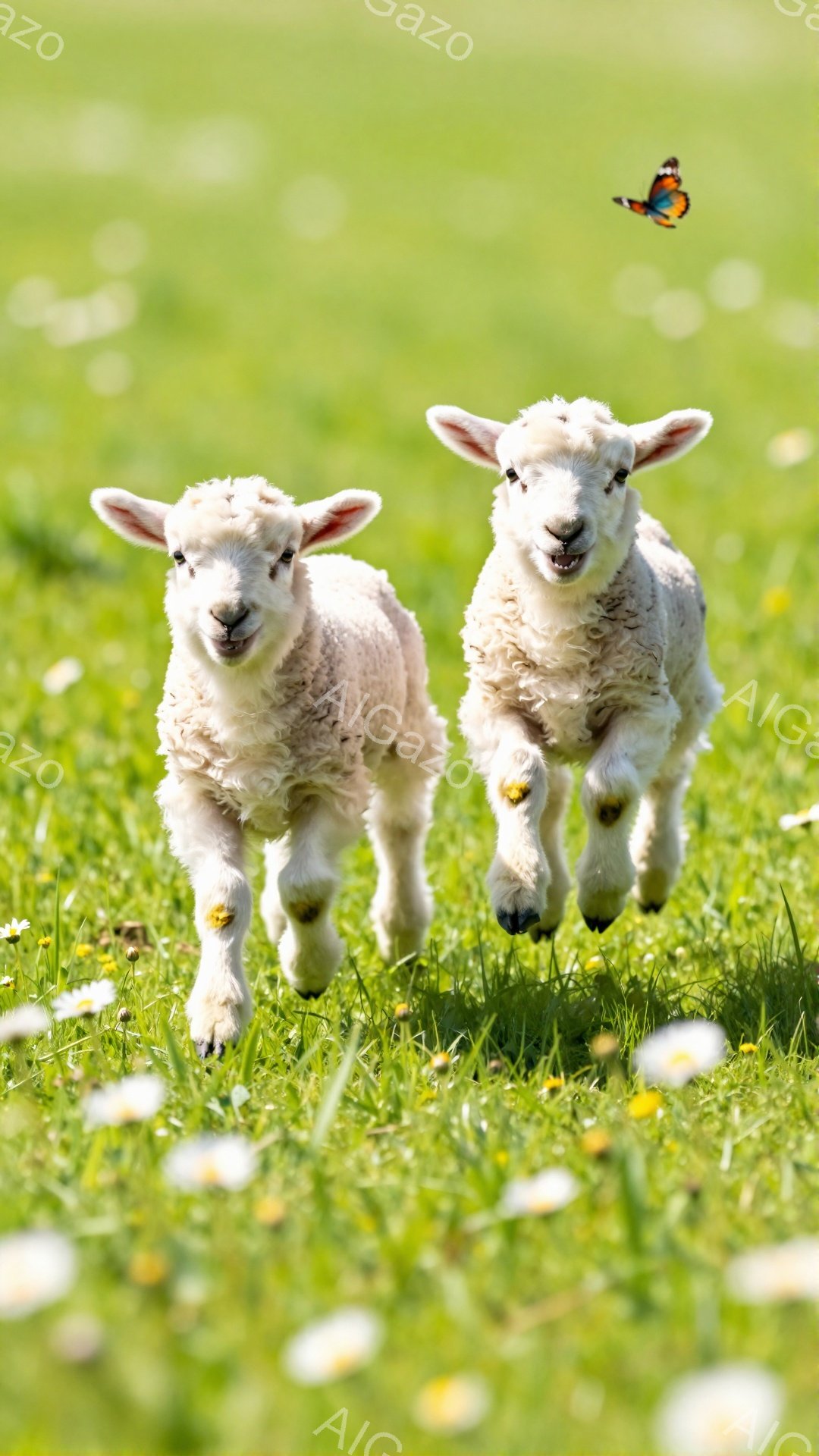 緑の牧草地に、子羊が二匹駆け抜けている。子羊たちは嬉しそうに笑っており、周りにはタンポポや白い花が咲いている。青空の下、春らしい穏やかで明るい雰囲気の画像だ。