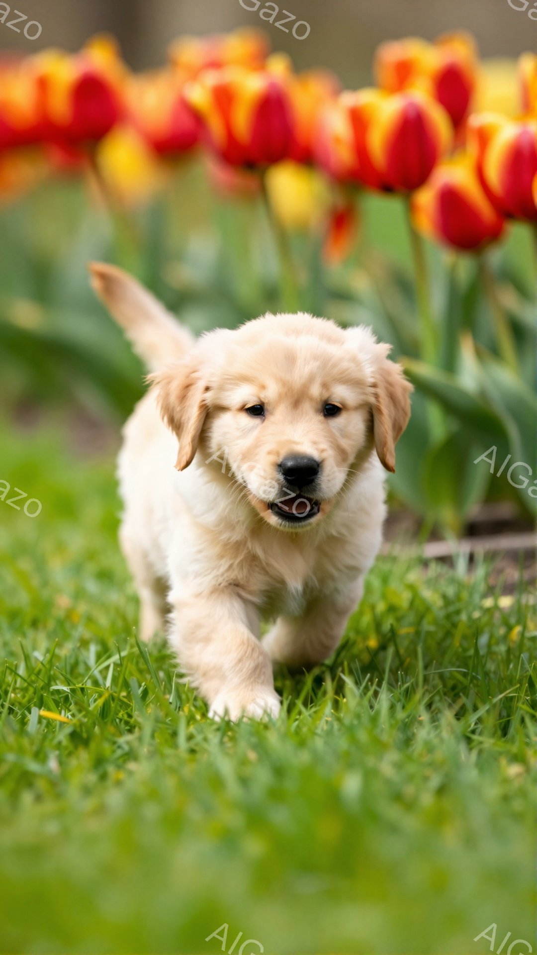 美しいチューリップの咲く緑の草原を、小さなゴールデンレトリバーの子犬が元気に駆け抜けている。子犬は口を開けて楽しそうにしている様子が捉えられ、その愛らしい姿は見る人の心を温める。背景には鮮やかな色のチ - AI生成フリー素材