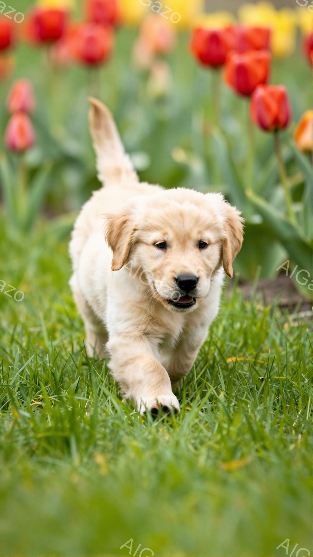 鮮やかな緑の草の上を、ゴールデンレトリバーの子犬が勢いよく走っている。背景には、赤や黄色のチューリップの花が咲き乱れ、春の暖かく陽気な雰囲気を醸し出している。子犬は口を開け、楽しそうに駆け抜けており、 - AI生成フリー素材