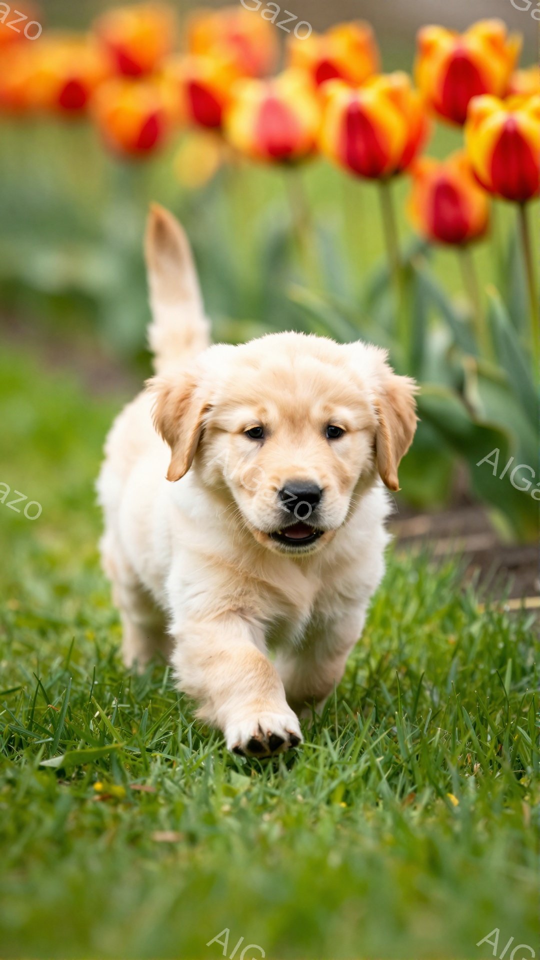 鮮やかな緑の草の上に、ゴールデンレトリバーの子犬が歩いています。子犬は前を見据え、楽しそうに駆け寄る様子が捉えられています。背景にはオレンジ色のチューリップが咲き誇り、春の暖かな雰囲気を演出しています。