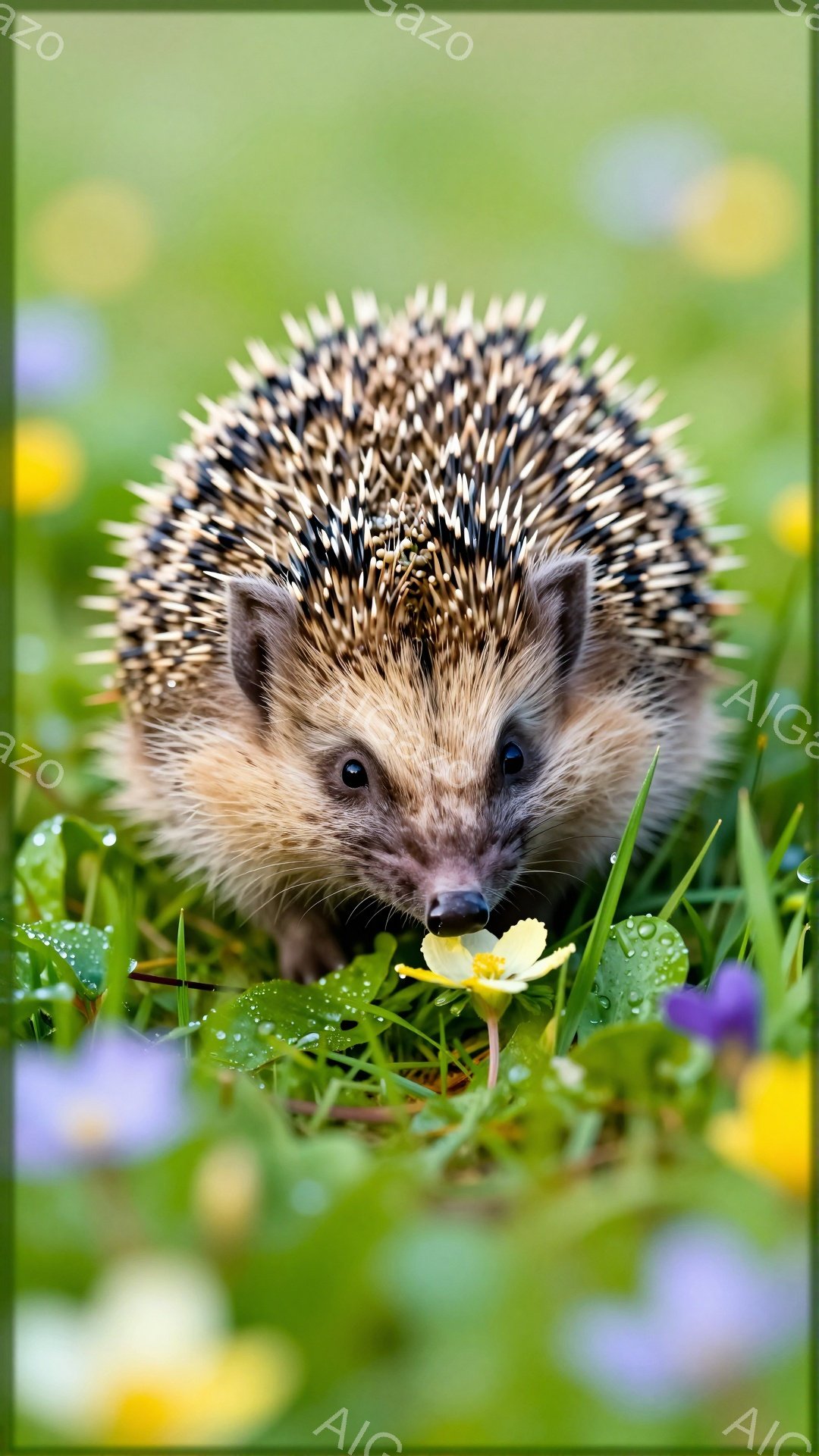 緑豊かな草むらに、可愛らしいハリネズミが花を求めて顔を出しています。体中のトゲは特徴的で、繊細な足で草の上を歩いています。背景には小さな花々が咲き乱れ、穏やかで優しい雰囲気が漂っています。