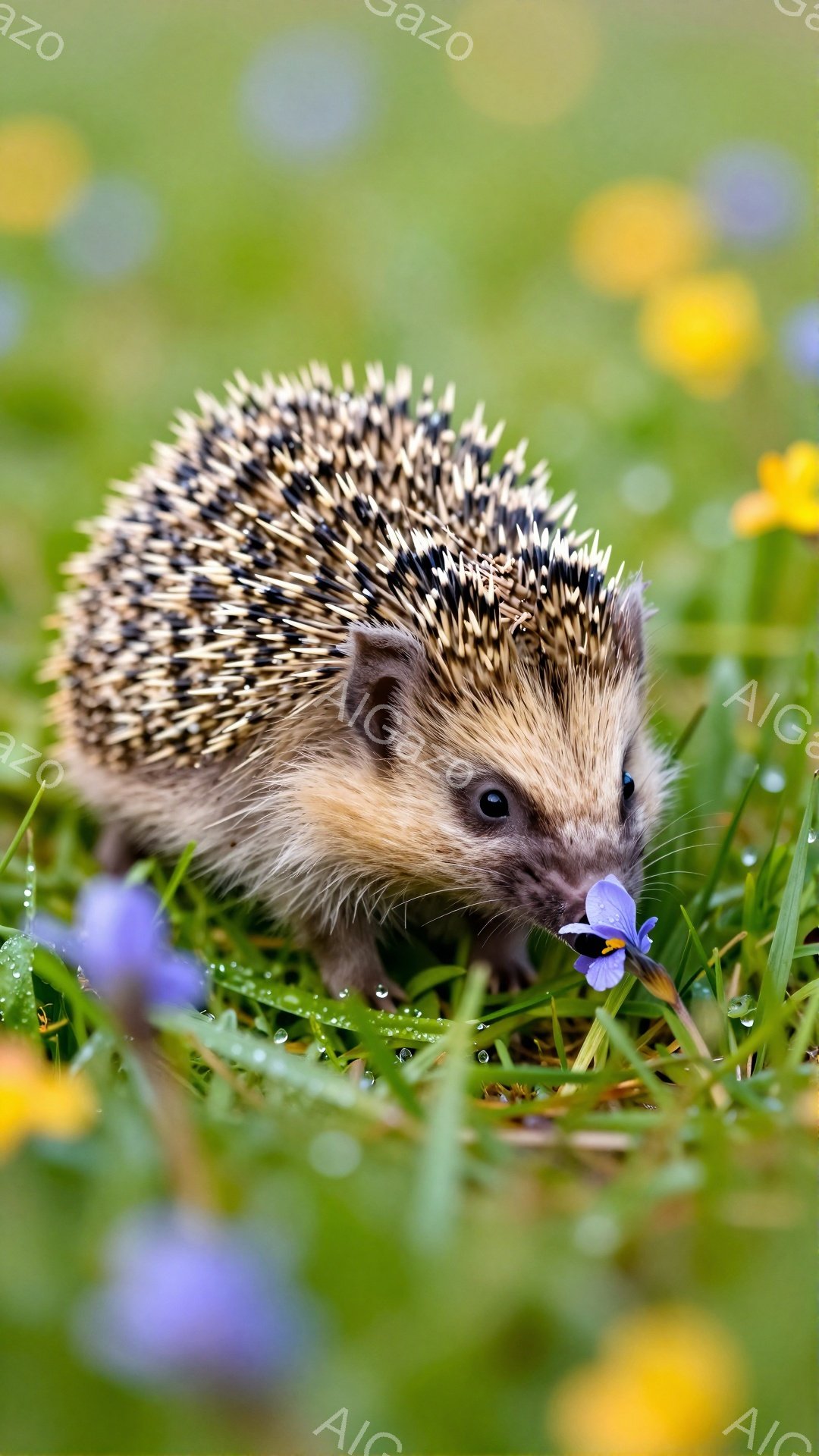緑の草の上を小さなハリネズミが歩いている。紫と黄色の花々が咲き乱れる中、ハリネズミは小さな花を口にくわえている。朝露が光り、柔らかい光が降り注ぐ静かで穏やかな風景だ。