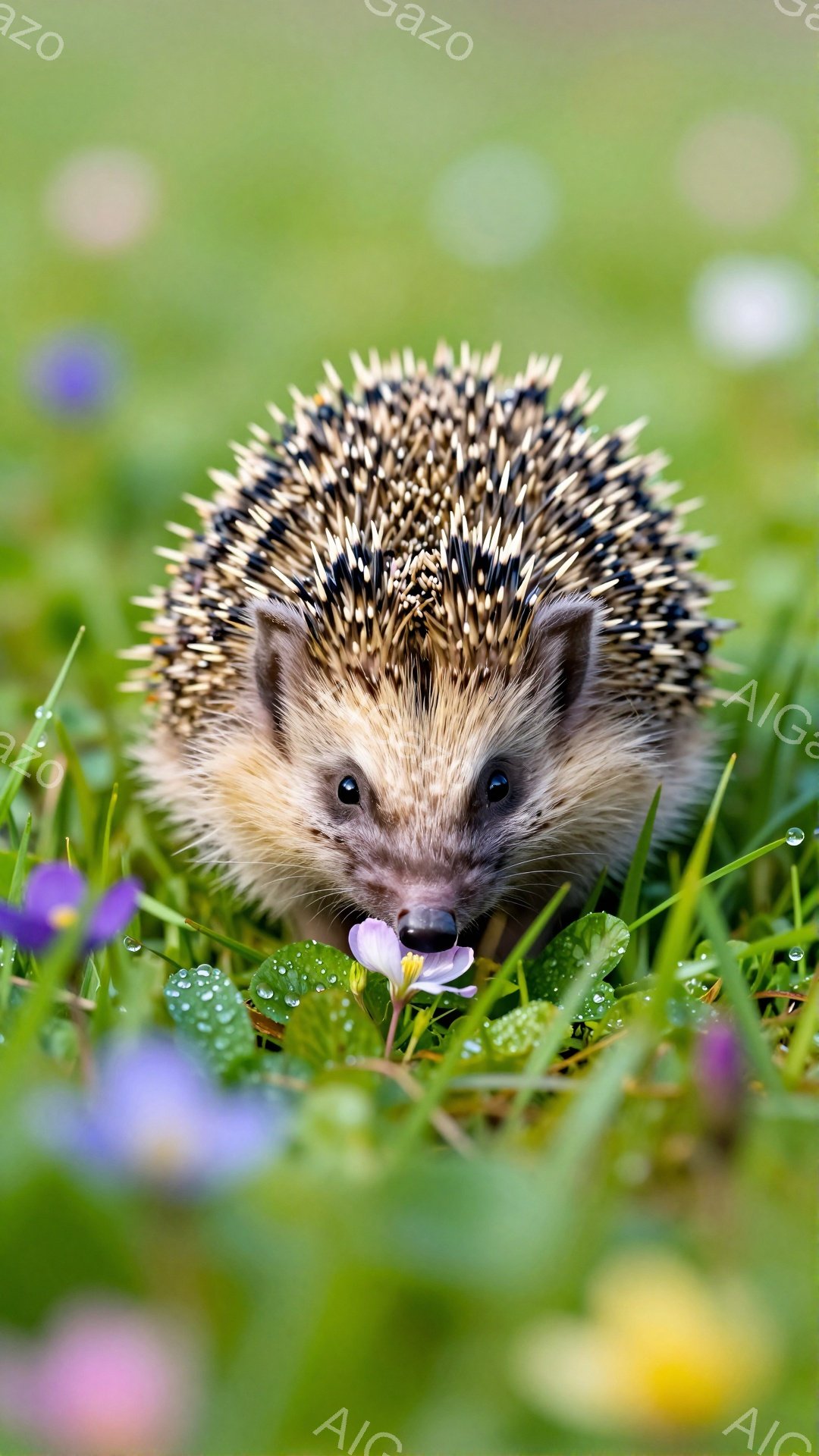 緑豊かな草むらの中で、可愛らしいハリネズミが花を食べている。つぶらな瞳と小さな鼻が愛らしく、周囲の花々とのコントラストが目に優しい。朝露に濡れた草葉が、穏やかで自然な雰囲気を醸し出している。
