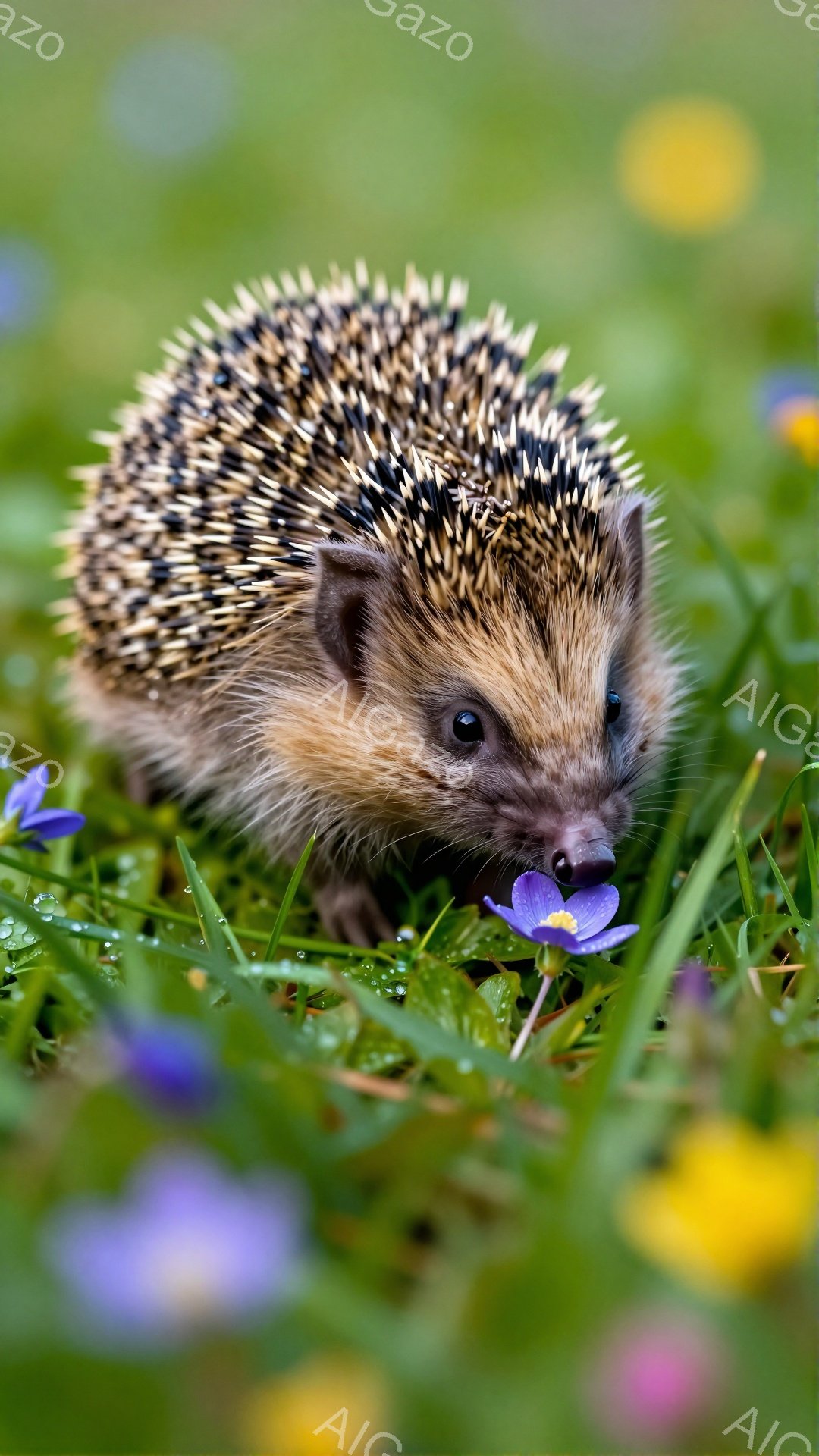 緑豊かな草原の中で、小さなハリネズミが紫色の花を見つめています。毛並みは茶色で、可愛らしい姿が印象的です。周りには黄色い花も咲き、春の暖かな雰囲気が感じられます。