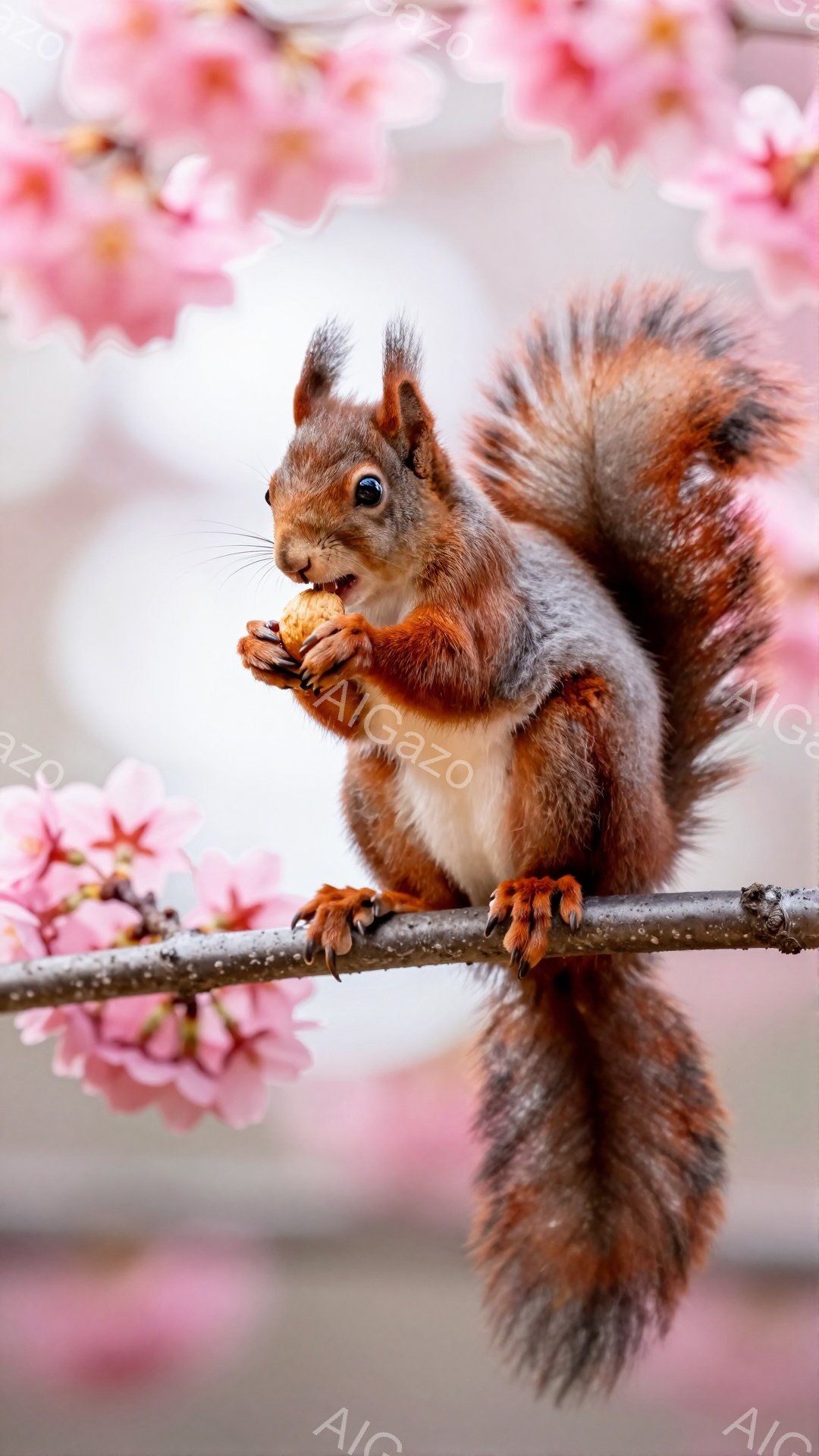 リスが木の枝に座り、何かを食べています。背景には桜の花がぼんやりと見え、春の穏やかな雰囲気を醸し出しています。リスの毛並みは美しく、ふっくらとした尻尾が特徴的です。
