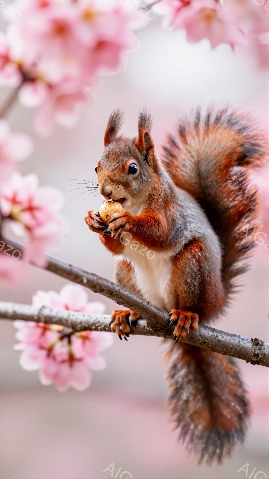 リスが枝にぶら下がり、手で木の実を食べている。背景には桜の花がぼんやりと咲き誇り、春らしい柔らかい雰囲気を醸し出している。毛並みはふさふさとしており、可愛らしい印象を与えている。 - AI生成フリー素材
