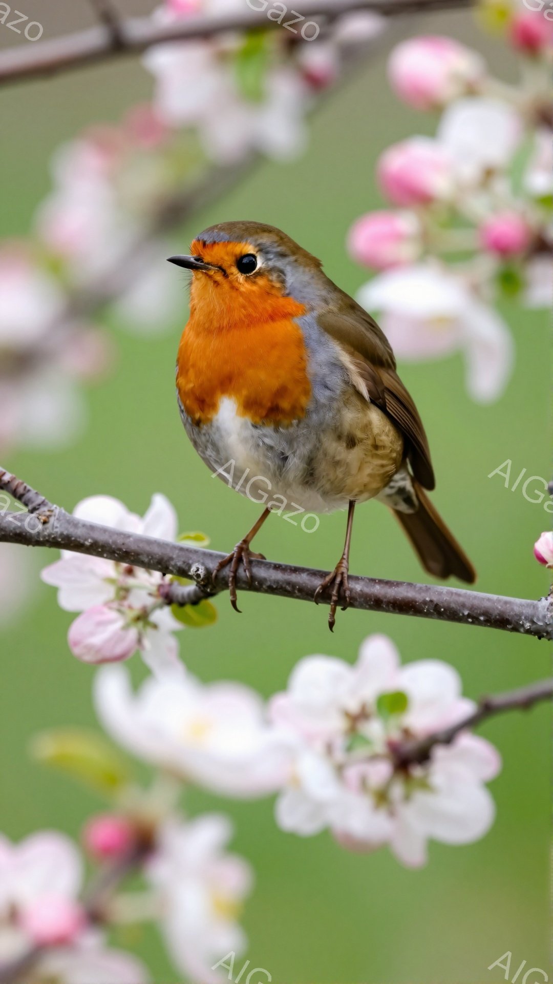 鮮やかな胸を持つヨーロッパコマドリが、春の桜の枝にとまっている。背景には淡いピンク色の花がぼやけて写り、春の穏やかな雰囲気を醸し出している。コマドリは、まるでモデルのように枝に堂々と止まっている。