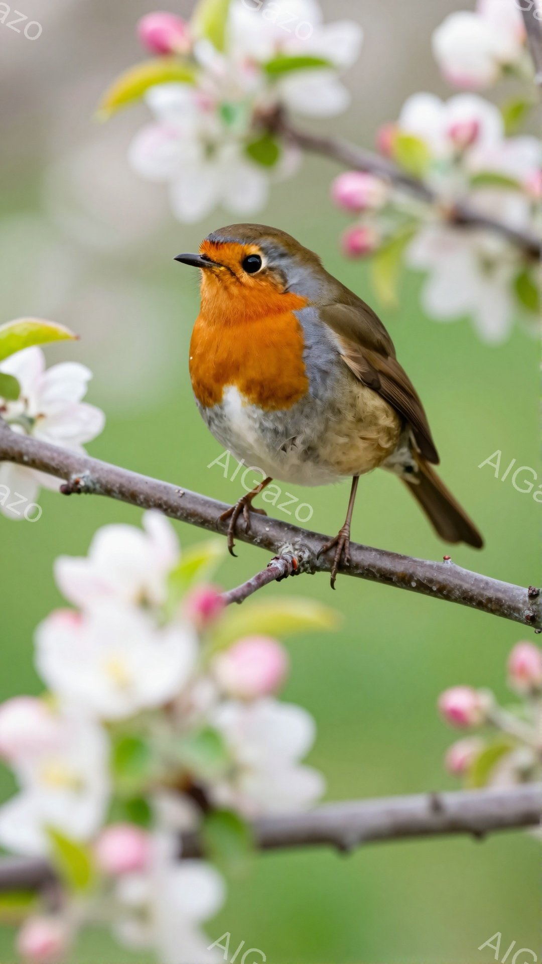 赤い胸を持つヨーロッパコマドリが、白や薄ピンク色の花が咲く木の枝にとまっている。鳥は左を向き、鋭い眼差しで何かを見ているようだ。背景は春らしい緑で、穏やかで暖かい雰囲気が感じられる。