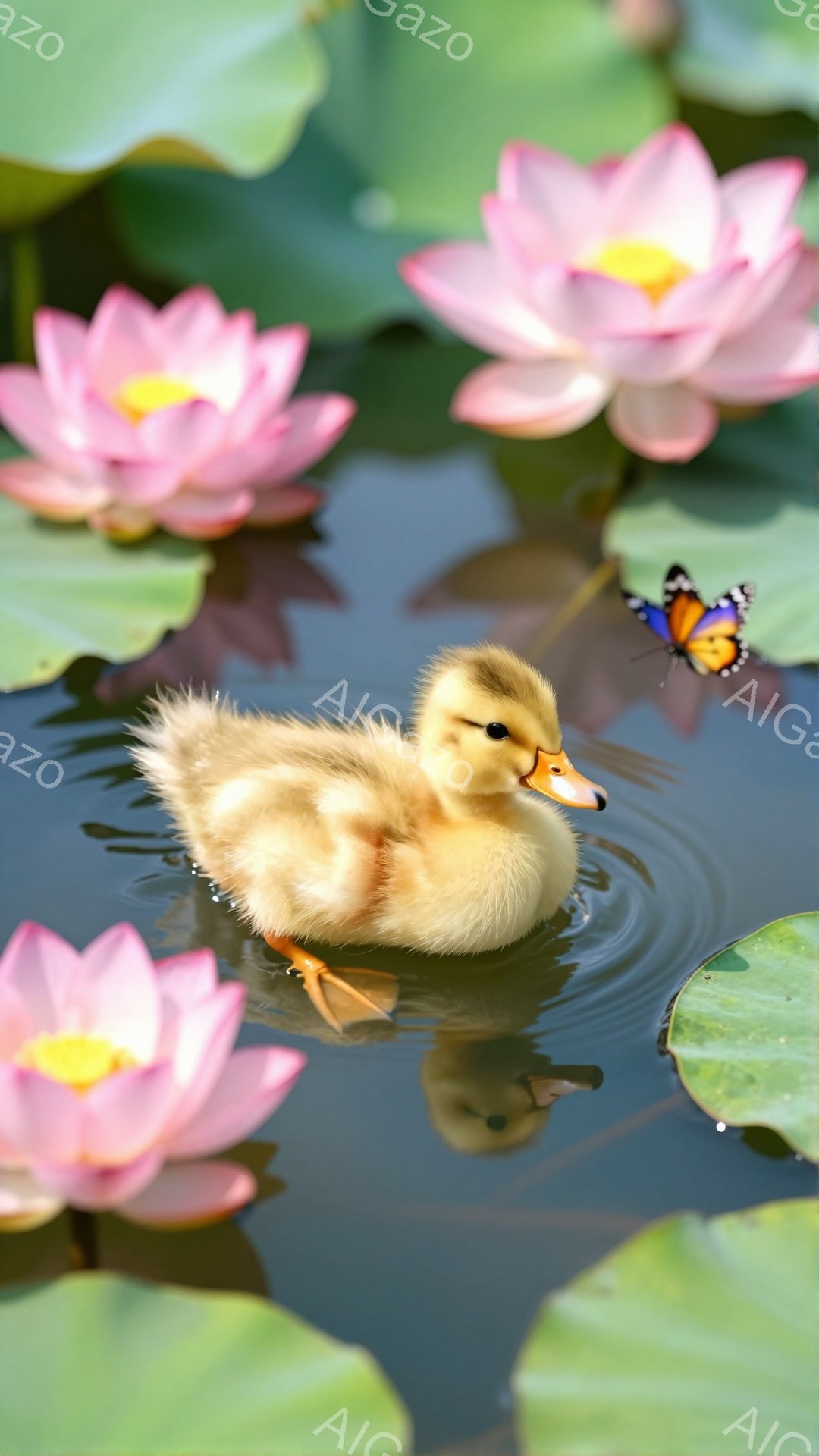 小さなアヒルの雛がピンクの蓮の花が咲く穏やかな池の中で泳いでいる。水面にはアヒルの影と蝶が映り込み、緑の蓮の葉が周囲を囲んでいる。穏やかで平和な雰囲気が漂う、春の日の光景だ。