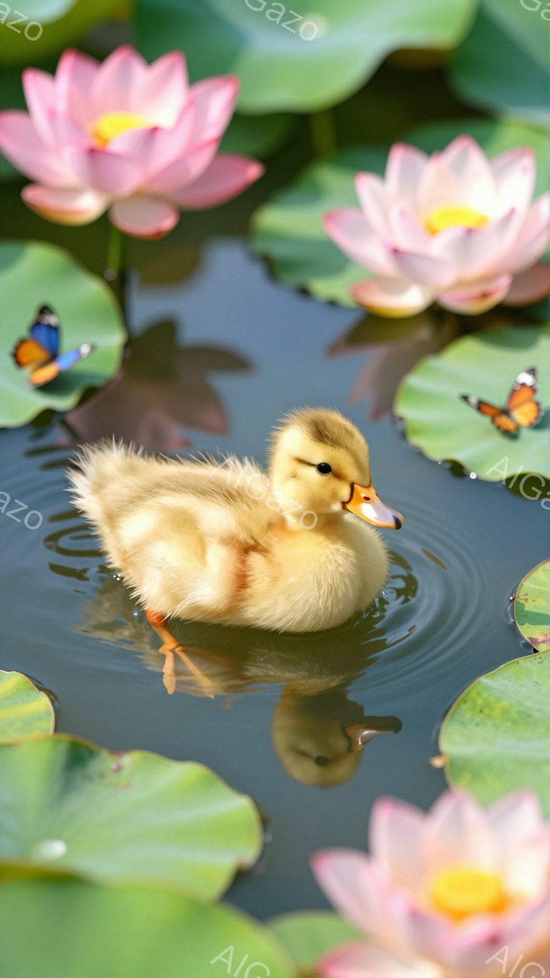 鮮やかな緑のスイレンの葉の上を、ふわふわの黄色いアヒルの雛が漂っている。水面にはピンクの蓮の花が咲き、蝶が舞い、穏やかで平和な雰囲気が漂っている。雛は好奇心旺盛な表情で周囲を見回しているようだ。