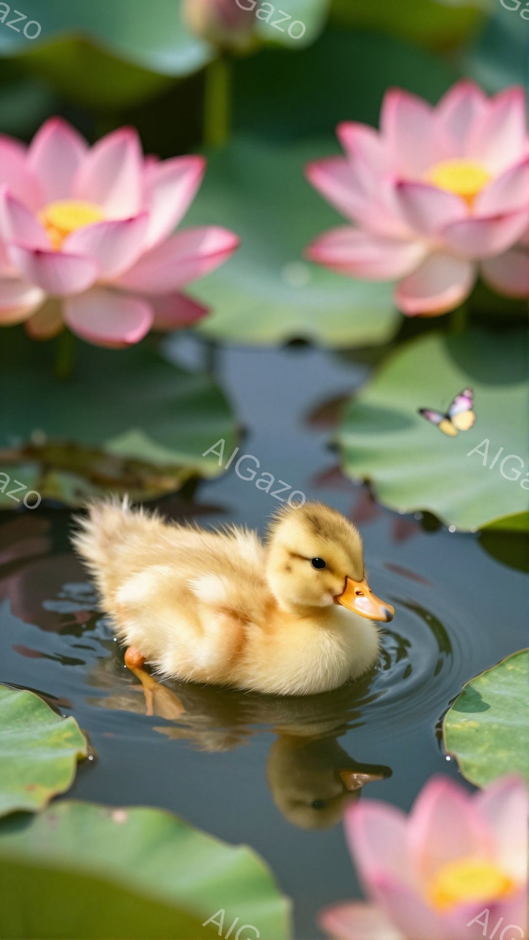 小さなアヒルの雛が水面を優雅に泳いでいる。ピンク色の蓮の花が周囲を飾り、穏やかで平和な雰囲気を醸し出している。水面に映るアヒルの姿も可愛らしく、春の暖かさを感じさせる。