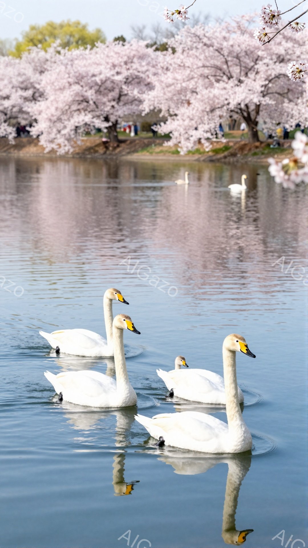 白鳥が穏やかな水面を優雅に泳いでいる。背景には桜が咲き誇り、春の暖かな雰囲気が漂っている。水面に映る白鳥の姿も美しく、幻想的な光景を作り出している。
