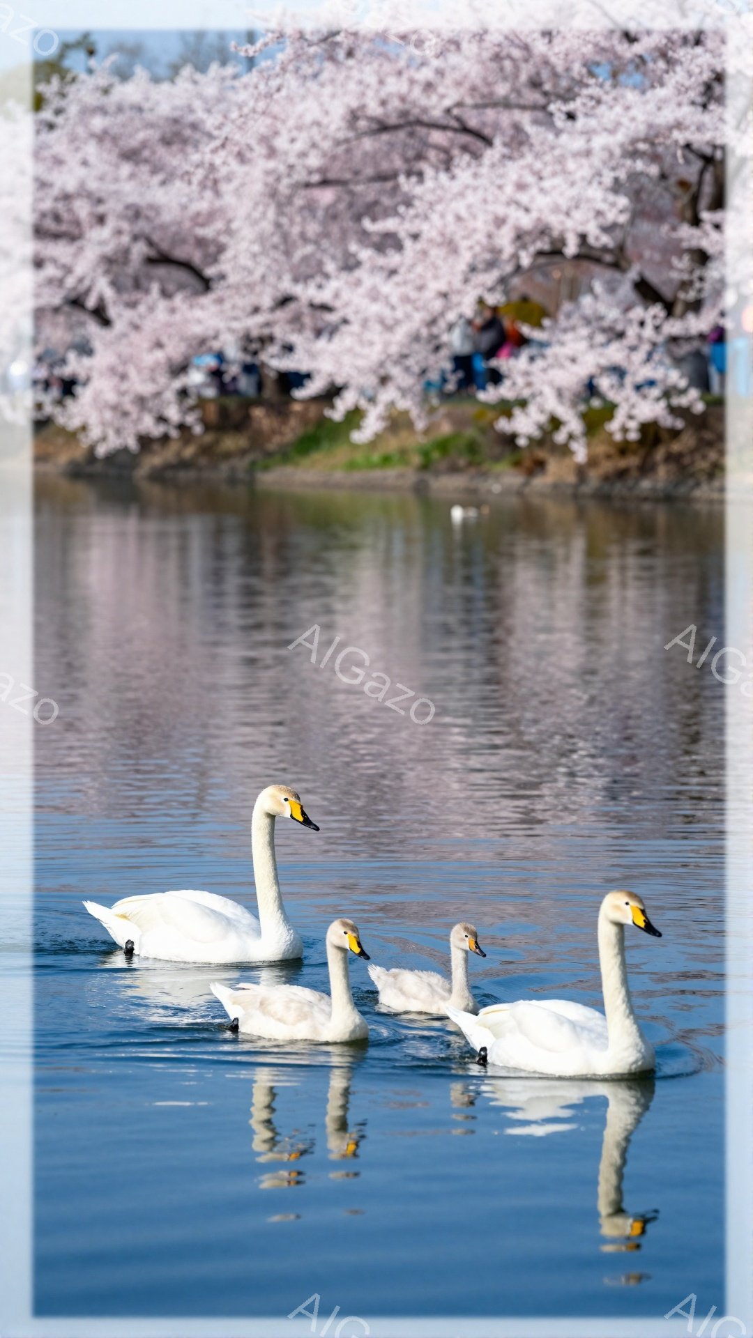 白い鳥が穏やかな水面を優雅に泳いでいる。背景には桜並木がぼんやりと見え、春の暖かな雰囲気を醸し出している。水面に映る鳥の影も美しく、幻想的な光景である。