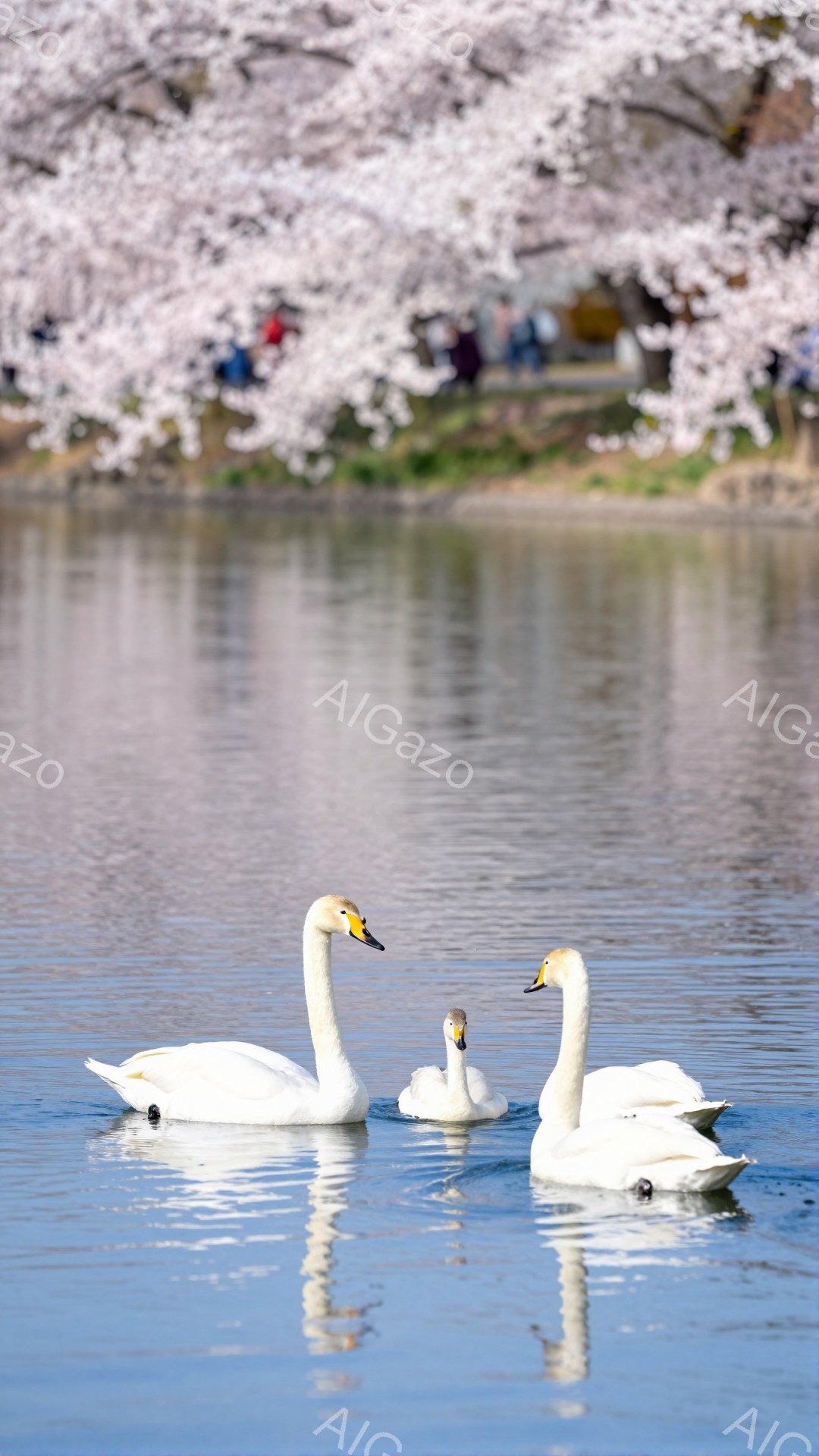 白い白鳥が3羽、穏やかな水面を優雅に泳いでいる。背景には桜並木が咲き誇り、春の暖かく穏やかな雰囲気を醸し出している。水面に映る白鳥の姿が、さらに幻想的な光景を作り出している。