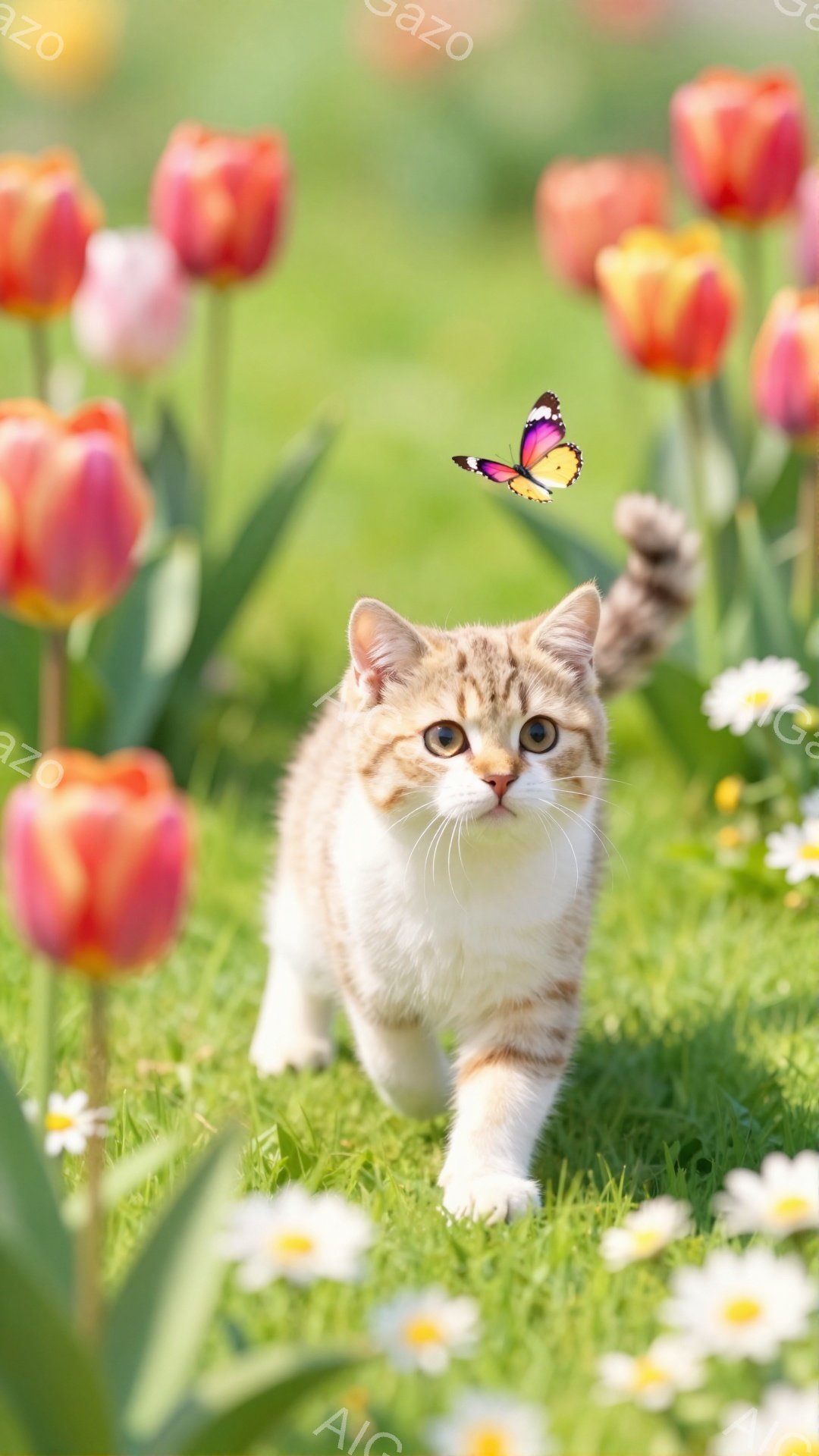 縞模様の猫が緑の草地を歩いており、周囲には色とりどりのチューリップが咲き乱れている。蝶が猫の近くを舞い、明るく楽しい雰囲気を演出している。猫は興味津々な表情で蝶を見つめている。