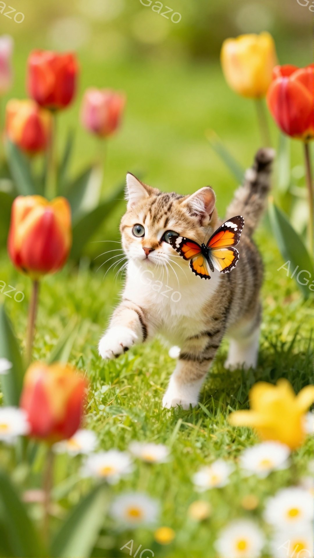 緑豊かな草の上を、縞模様の小さな子猫が蝶を追いかけて走っています。鮮やかなオレンジと黄色のチューリップが背景に咲き乱れ、春の暖かく優しい雰囲気を醸し出しています。子猫の瞳は好奇心と遊び心に満ちています - AI生成フリー素材