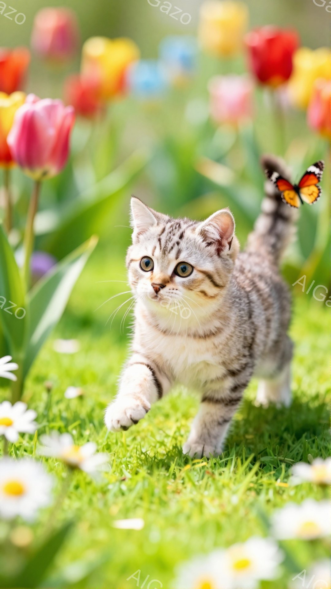 草原で遊ぶ子猫が写っています。背中に蝶が舞い、花畑と緑の芝生が春らしい雰囲気を演出しています。子猫は好奇心いっぱいの表情で、何かを追いかけているようです。