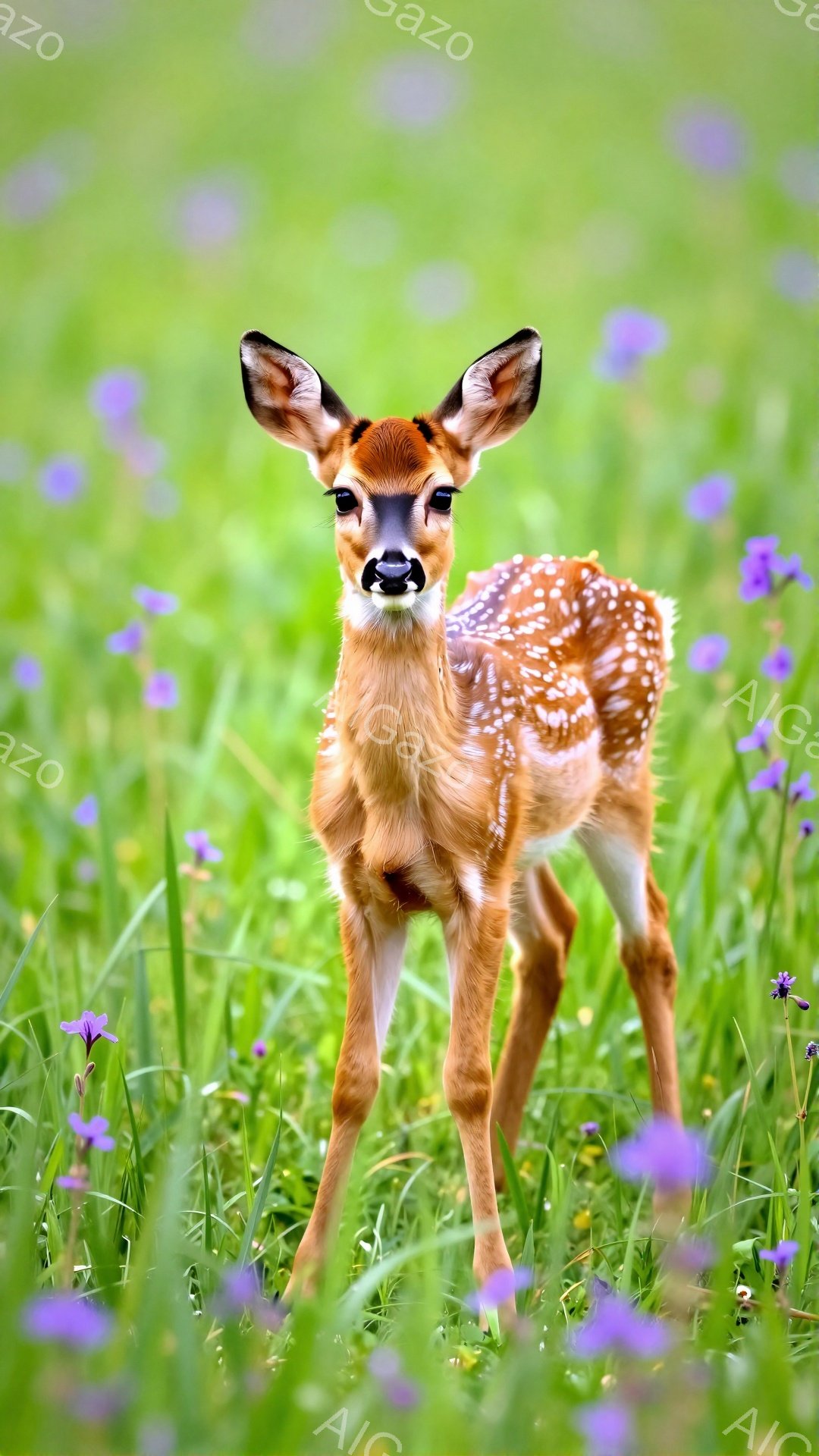 緑の草原の中に、小さなシカの子供が立っています。斑点模様の毛並みと大きな瞳が特徴的で、紫色の花々が背景を彩っています。穏やかで平和な雰囲気の自然の風景です。
