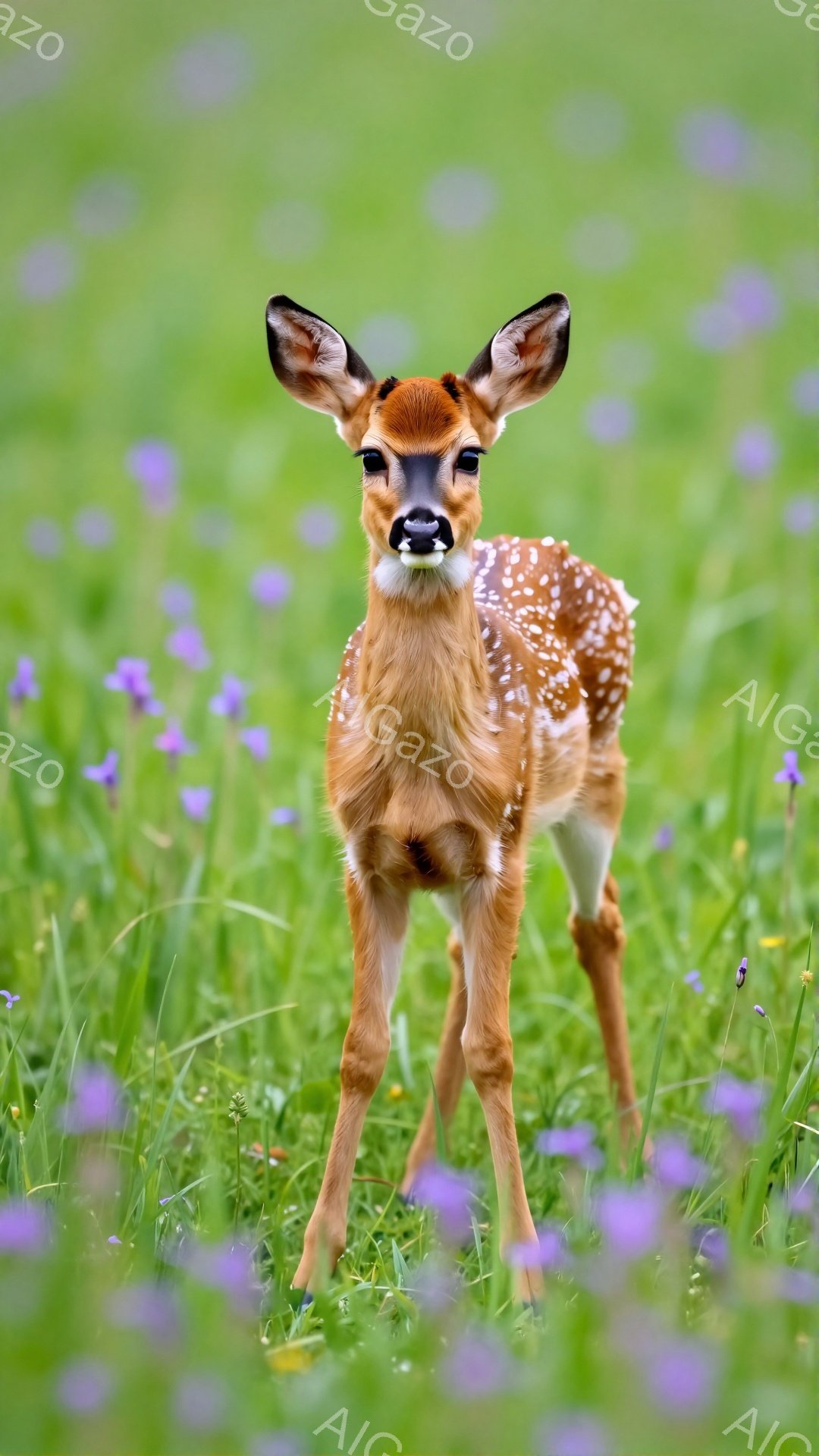 小さなシカの子供が緑豊かな草原に立っている。周りには紫色の花が咲き乱れ、シカの斑点模様とコントラストをなしている。シカはカメラに向かって好奇心旺盛な表情でこちらを見ている。