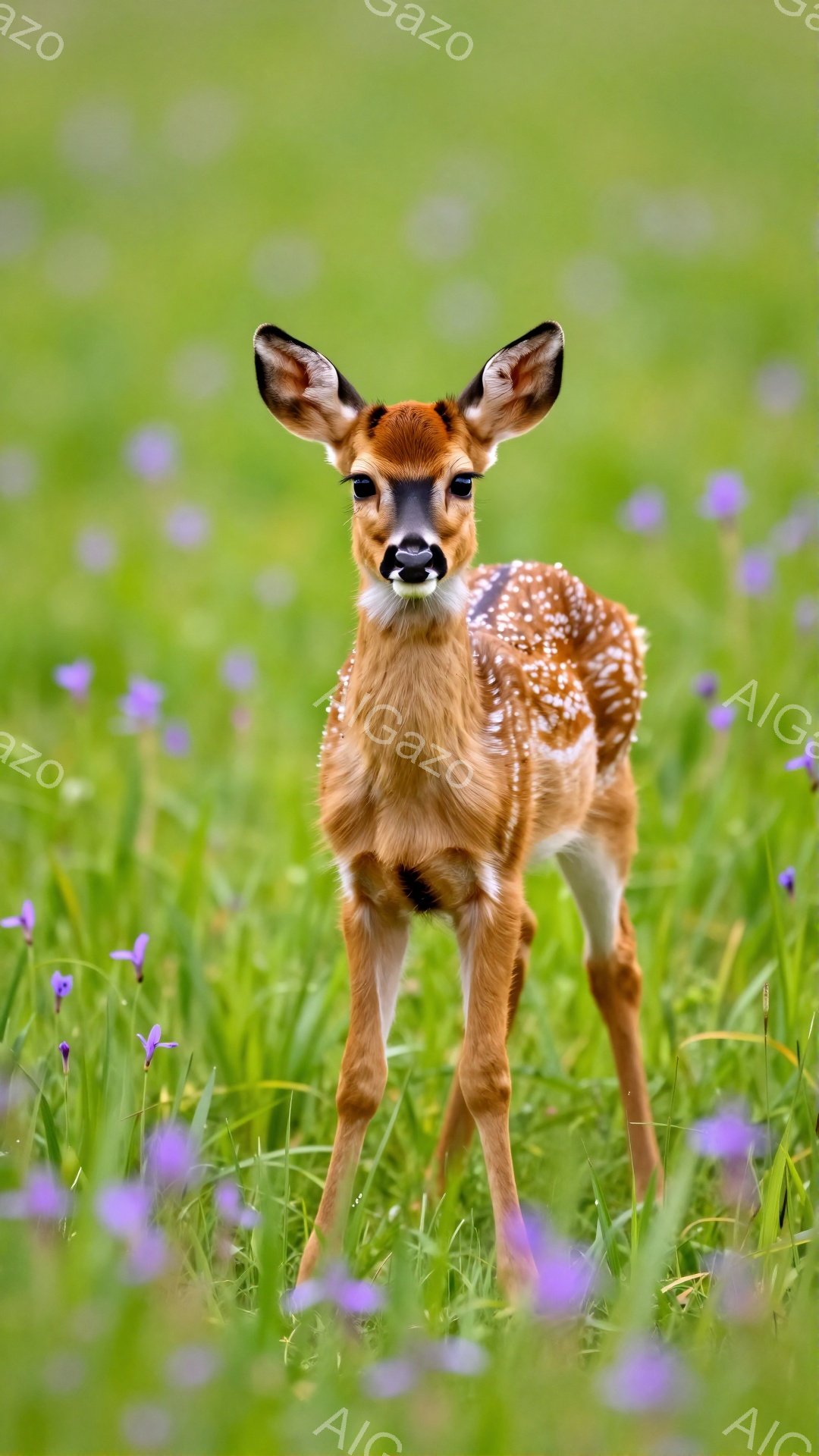 緑の草と紫の花が咲き乱れる草原に、小さなシカの子供が立っている。大きな瞳で見つめる姿は好奇心と無邪気さを感じさせ、その斑点模様の毛並みが愛らしい。背景はぼやけており、シカの子供が際立って見える。 - AI生成フリー素材