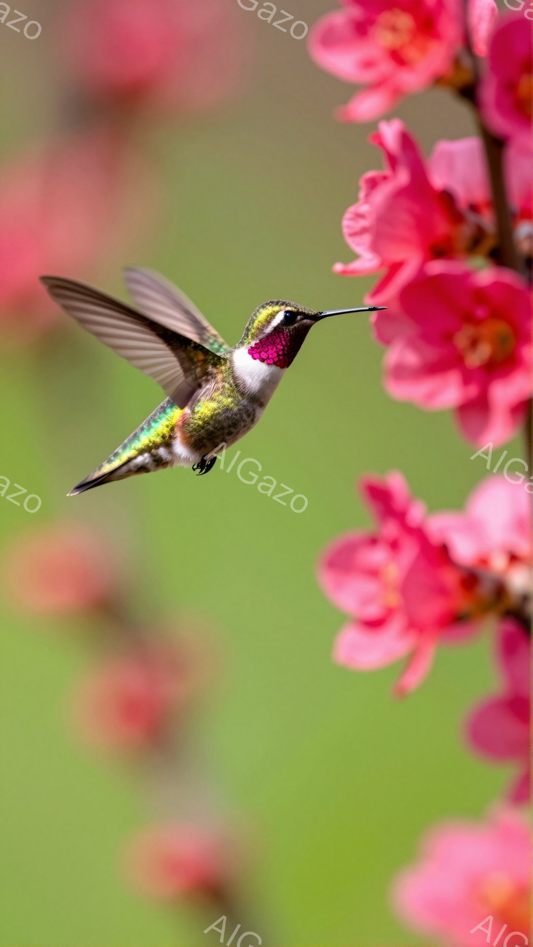 鮮やかなピンク色の花々の間で、緑と赤の美しいハチドリが翼を羽ばたいている。背景は淡い緑色で、春の穏やかな雰囲気が感じられる。ハチドリの鮮やかな色彩と、花々の優しいピンク色が対照的で、生き生きとした様子が表現されている。