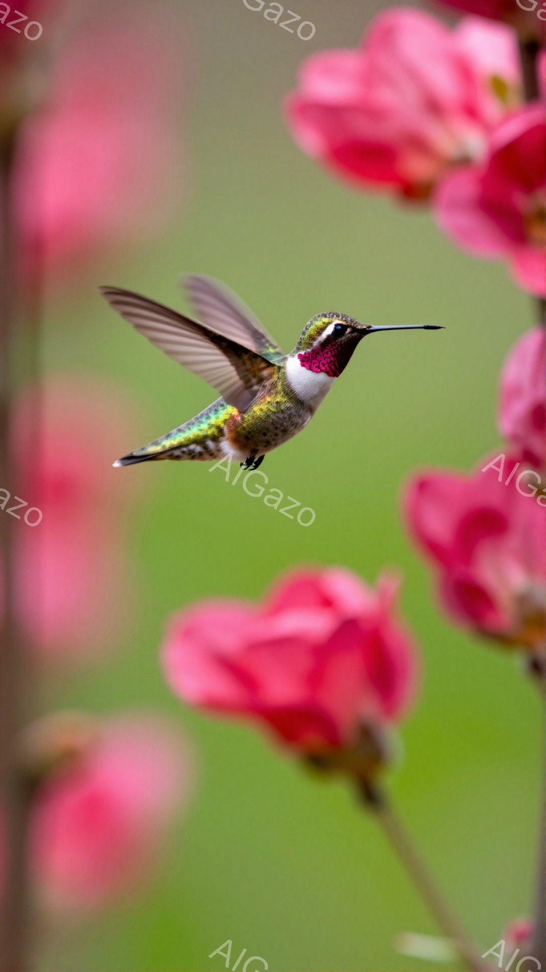 ピンク色の桜の花の間で、ハチドリが翼を羽ばたかせている。鮮やかな緑と赤色の色が、春らしい華やかな雰囲気を演出している。背景にはぼやけた緑が広がり、ハチドリがより際立って見える。