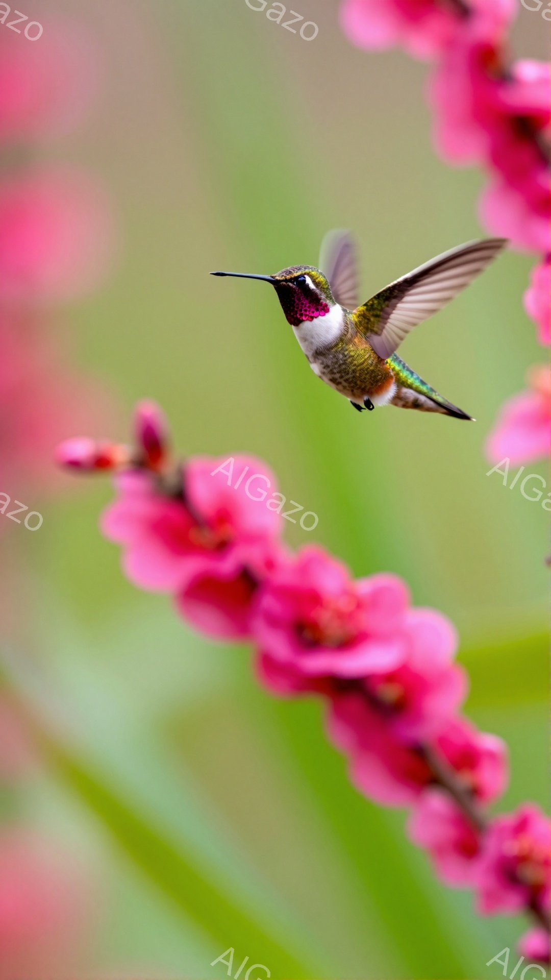 ピンク色の花の間を、鮮やかな緑と紫色のハチドリが舞っている。翼がぼやけており、空中で動き回っている様子がよくわかる。背景は穏やかな緑色で、春の柔らかな光が差し込んでいる。