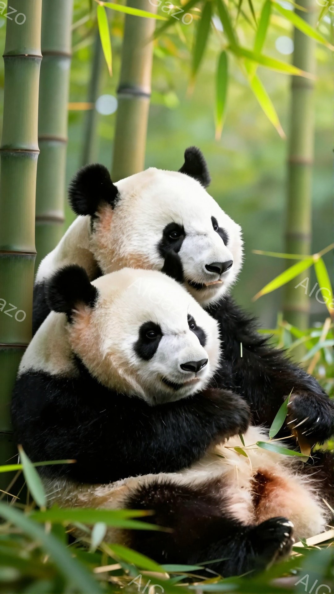 緑豊かな竹林の中で、パンダの親子が寄り添ってリラックスしています。下の子は上の方を見上げ、上の子は穏やかな表情で座っています。背景の竹の緑とパンダの白黒のコントラストが、自然の安らぎを感じさせます。