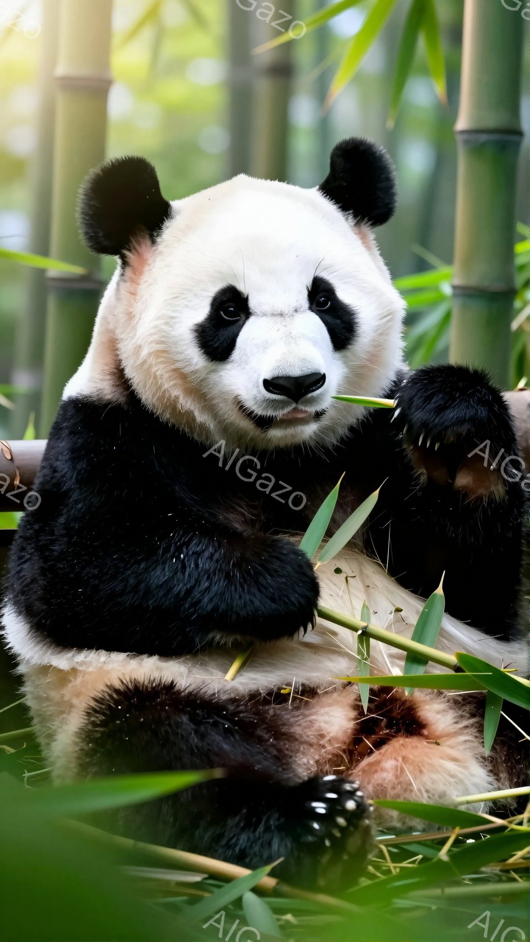 巨大なパンダが竹の茂みの中でリラックスして座っています。パンダは片手を上げて、まるで人間のようにおどけた表情をしています。緑豊かな竹林の中で、穏やかで平和な雰囲気が漂っています。